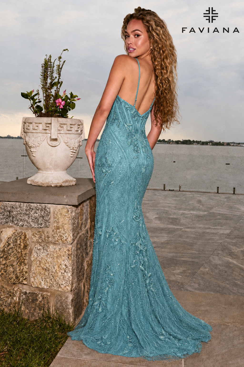 Faviana 11682 Beaded Scoop Neck Corset Gown With Adjustable Spaghetti Straps And Leg Slit in Dark Pacific Blue