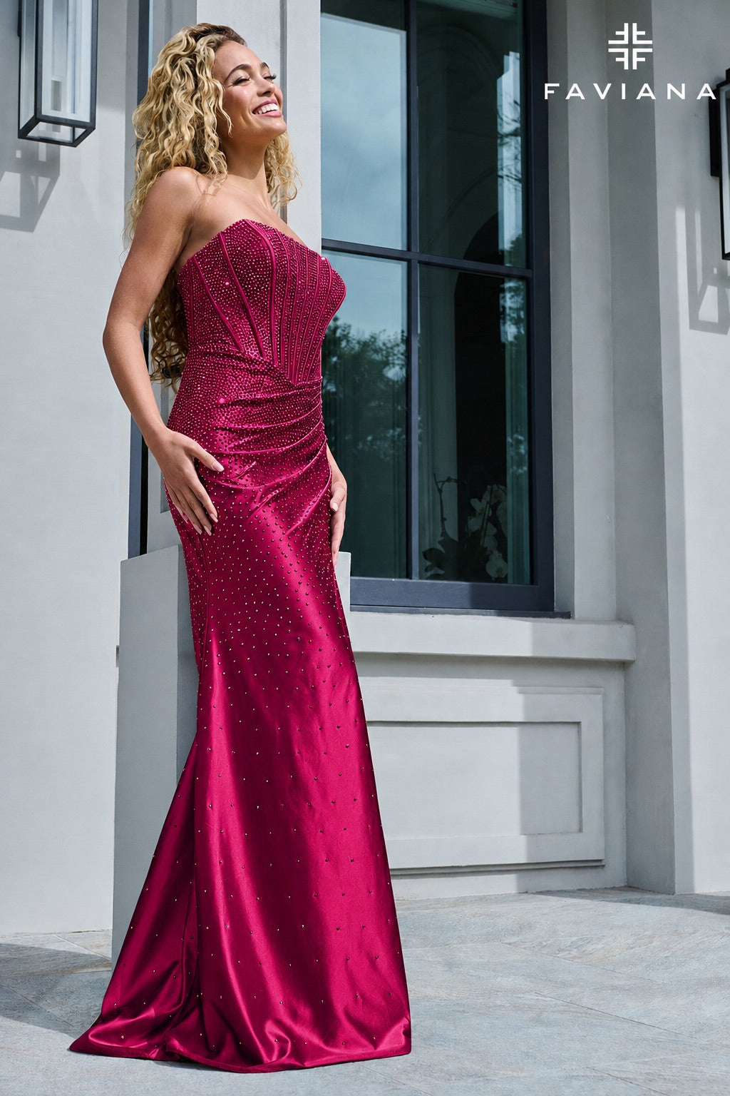 Faviana 11613 Sparkly Strapless Satin Corset Gown With Heat Stones in Cherry