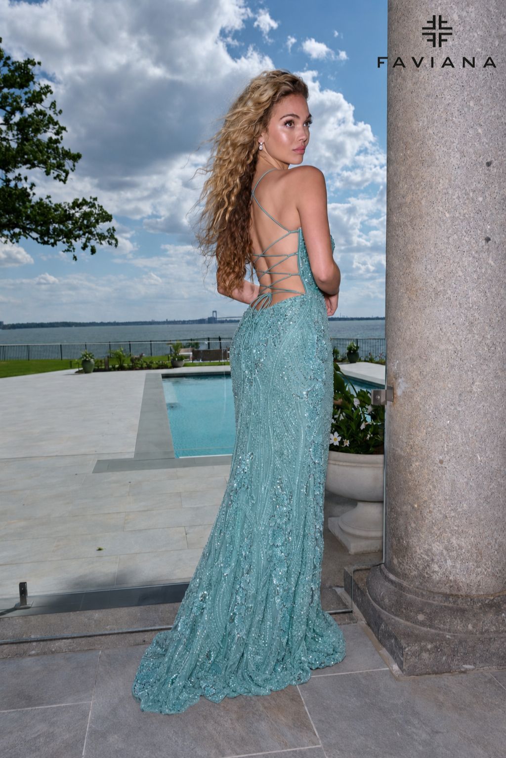 Faviana 11683 Sweetheart Beaded Corset Dress With Lace-Up Back And Leg Slit in Dark Pacific Blue