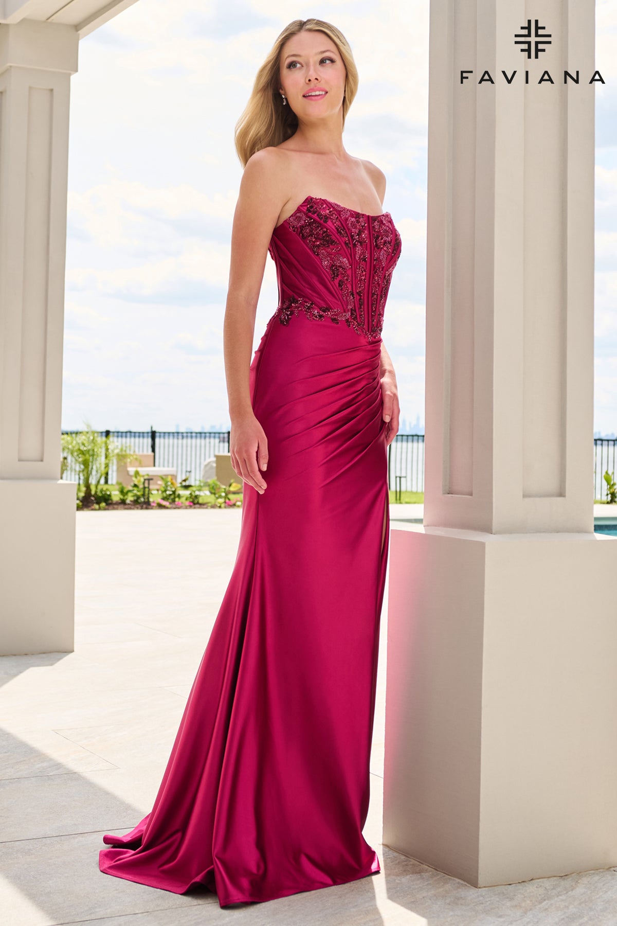 Faviana 11606 Beaded Satin Strapless Bustier Dress With Gathered Pleating in Cherry