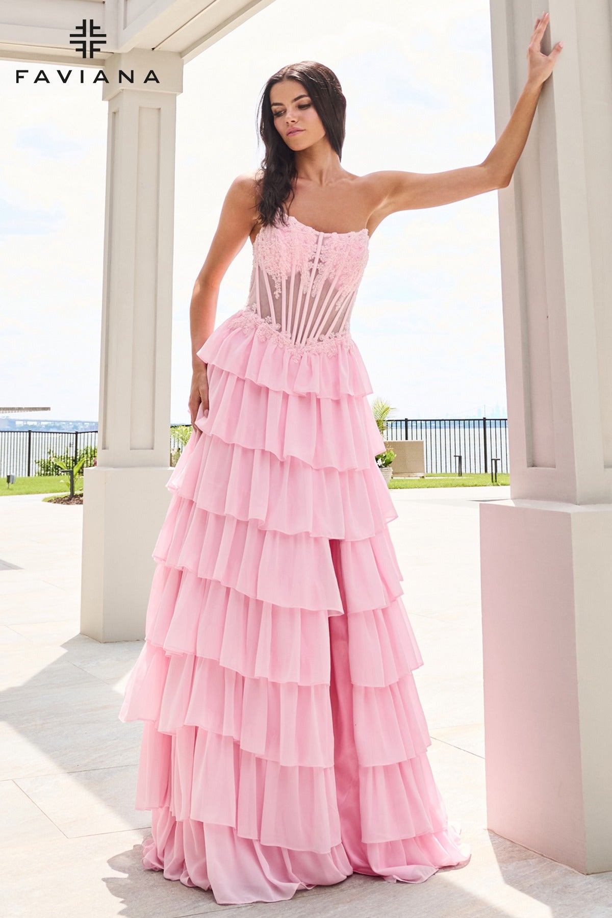 Faviana 11629 Chiffon Flowy Long Tiered Dress With Beaded Corset in Light Pink