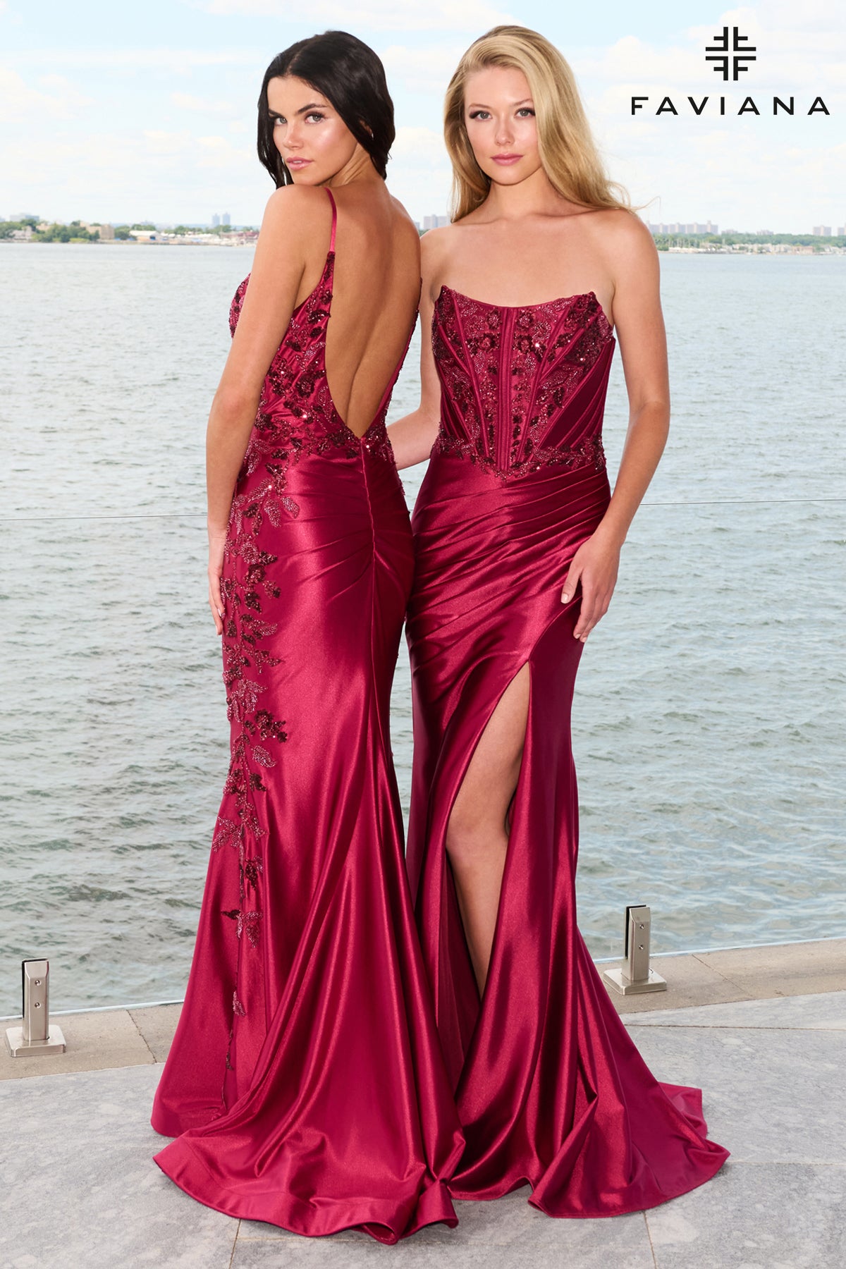 Faviana 11609 Beaded Stretch Satin Gown With V-Neck And Pleated Deep V-Back