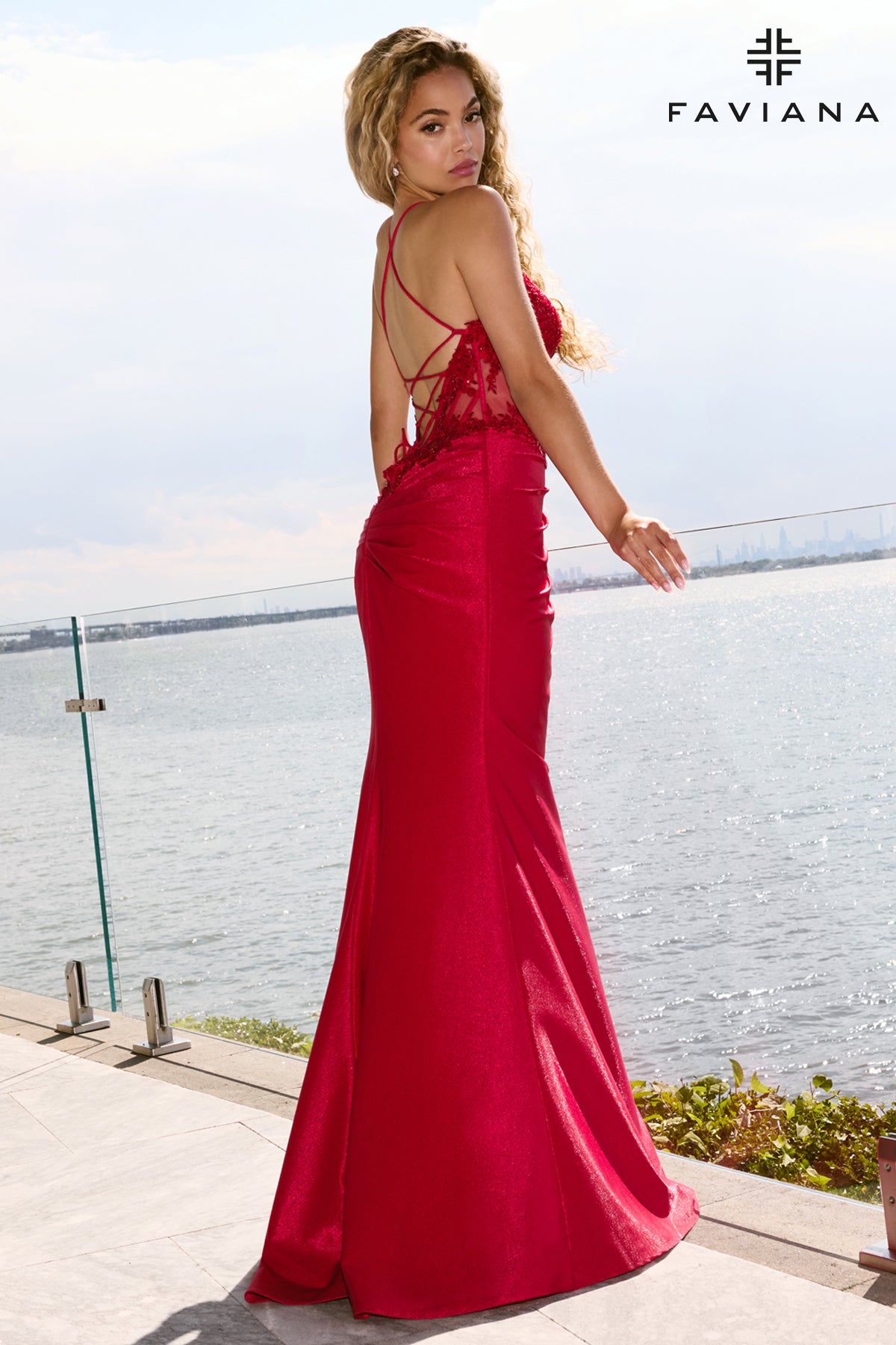 Faviana 11646 Sparkle Stretch V-Neck Corset Gown With Exposed Boning And Beading in Red
