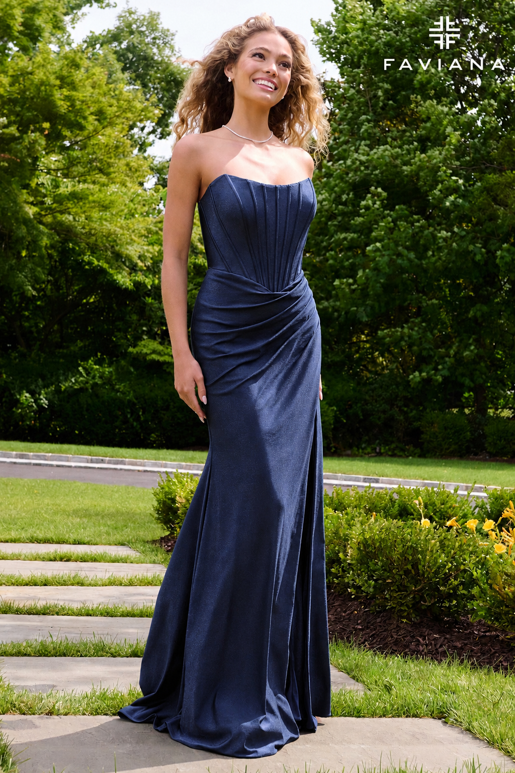 Faviana E11659 Tiered Chiffon Gown With Beaded Lace Corset in Navy