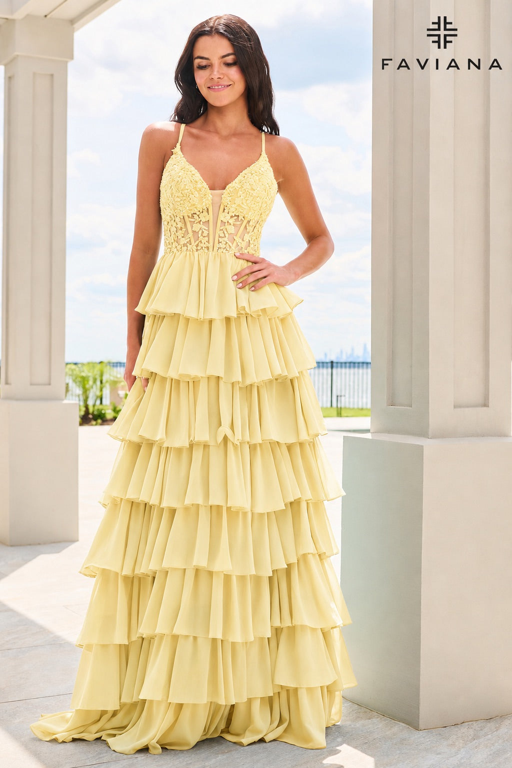 Faviana 11603 Tiered Chiffon Gown With Beaded Lace Corset in Light Yellow