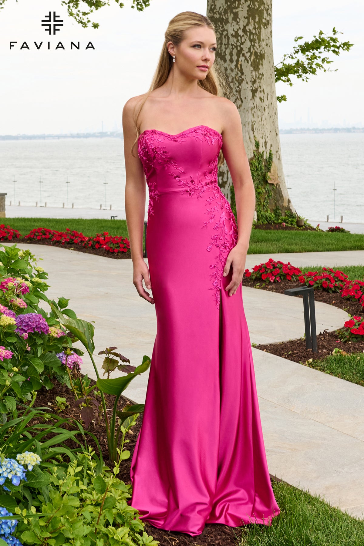 Faviana 11647 Strapless Satin Dress With Asymmetrical Floral Beaded Detail in Raspberry