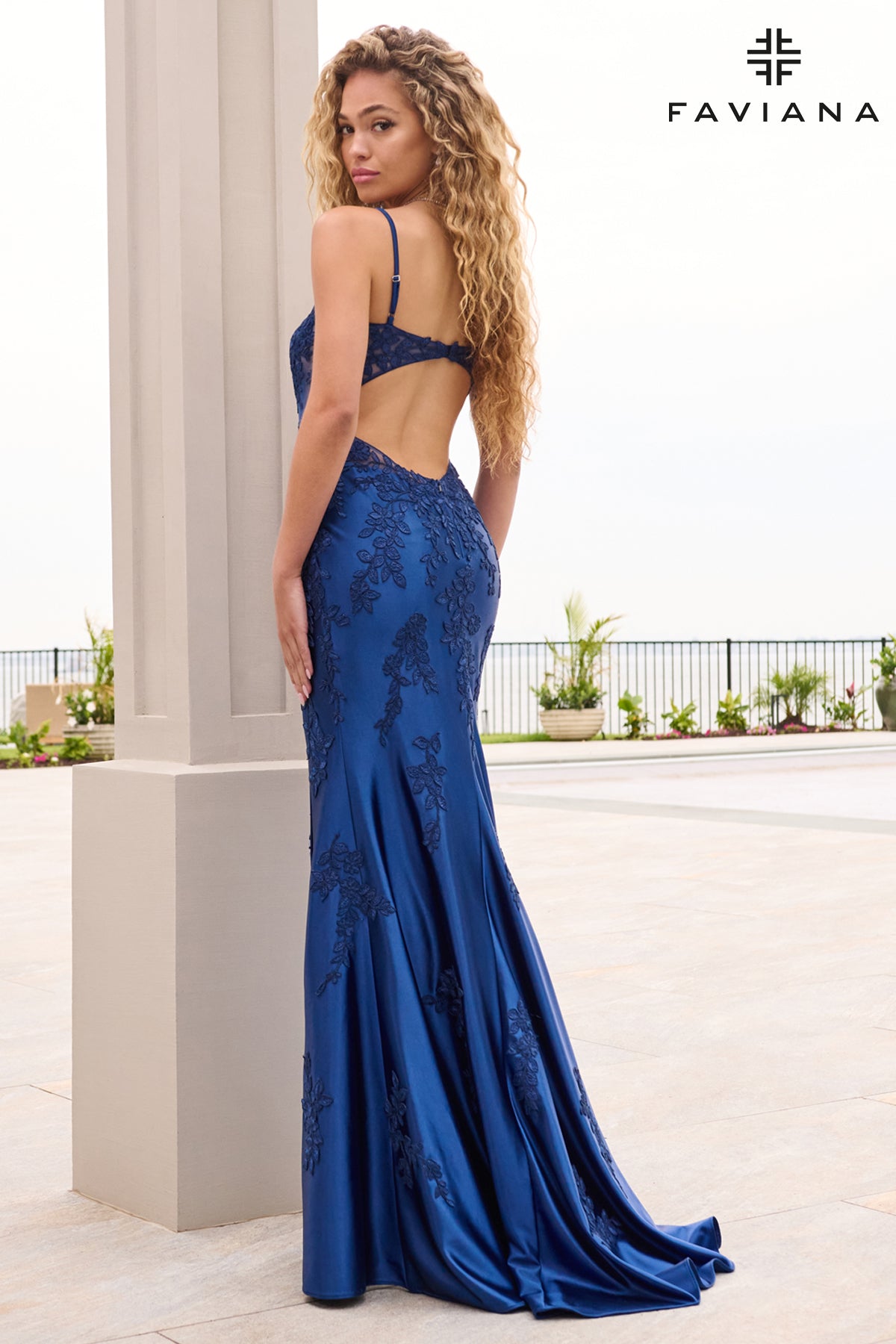 Faviana 11628 Sweetheart Beaded Satin Open Back Gown With Mesh Side Detail in Navy
