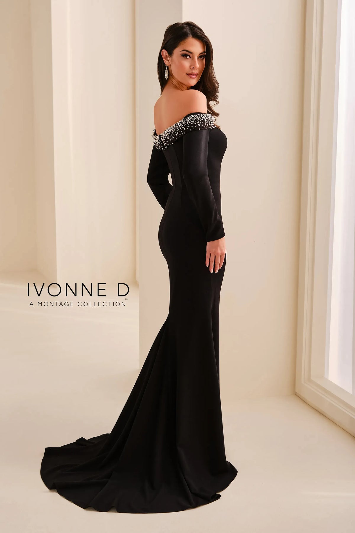 Ivonne D Dress Ivonne D ID2203 Off-the-Shoulder Long Sleeve Beaded Stretch Crepe Mermaid Mother of the Bride Gown
