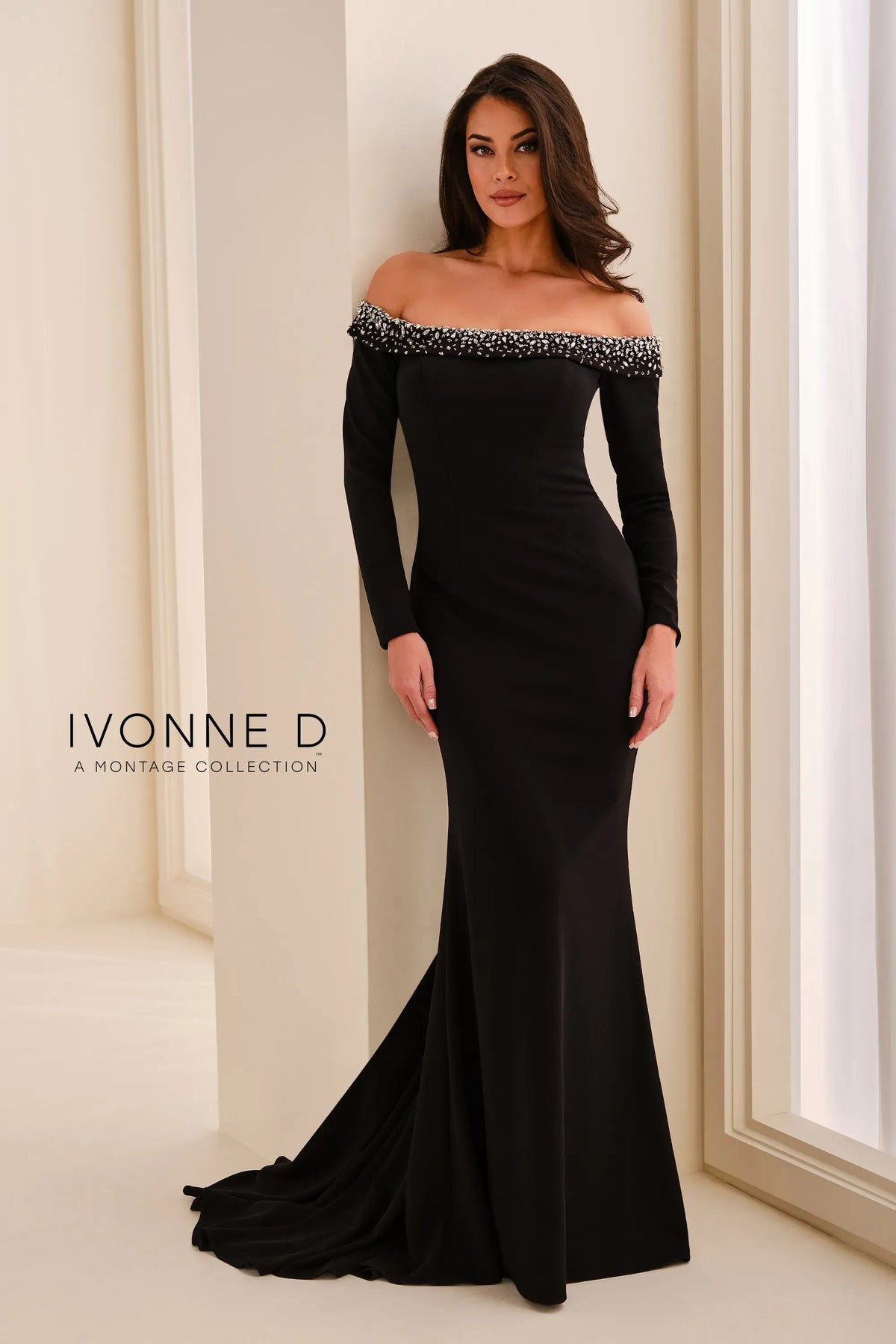 Ivonne D Dress Ivonne D ID2203 Off-the-Shoulder Long Sleeve Beaded Stretch Crepe Mermaid Mother of the Bride Gown