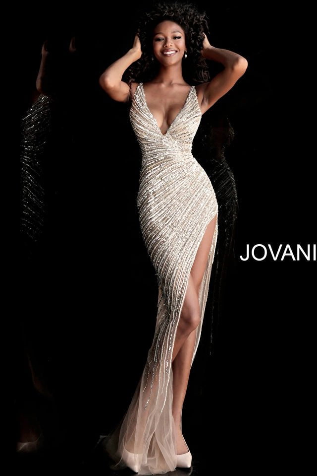 Jovani 00 / Black/multi Jovani 63405 High Slit Beaded Dress