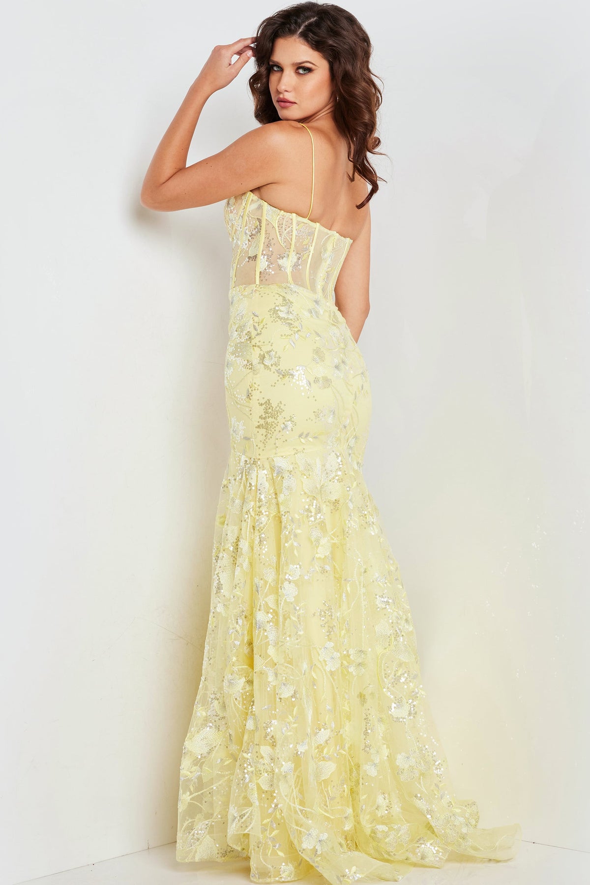Jovani 38004 Yellow V Neckline Beaded Gown