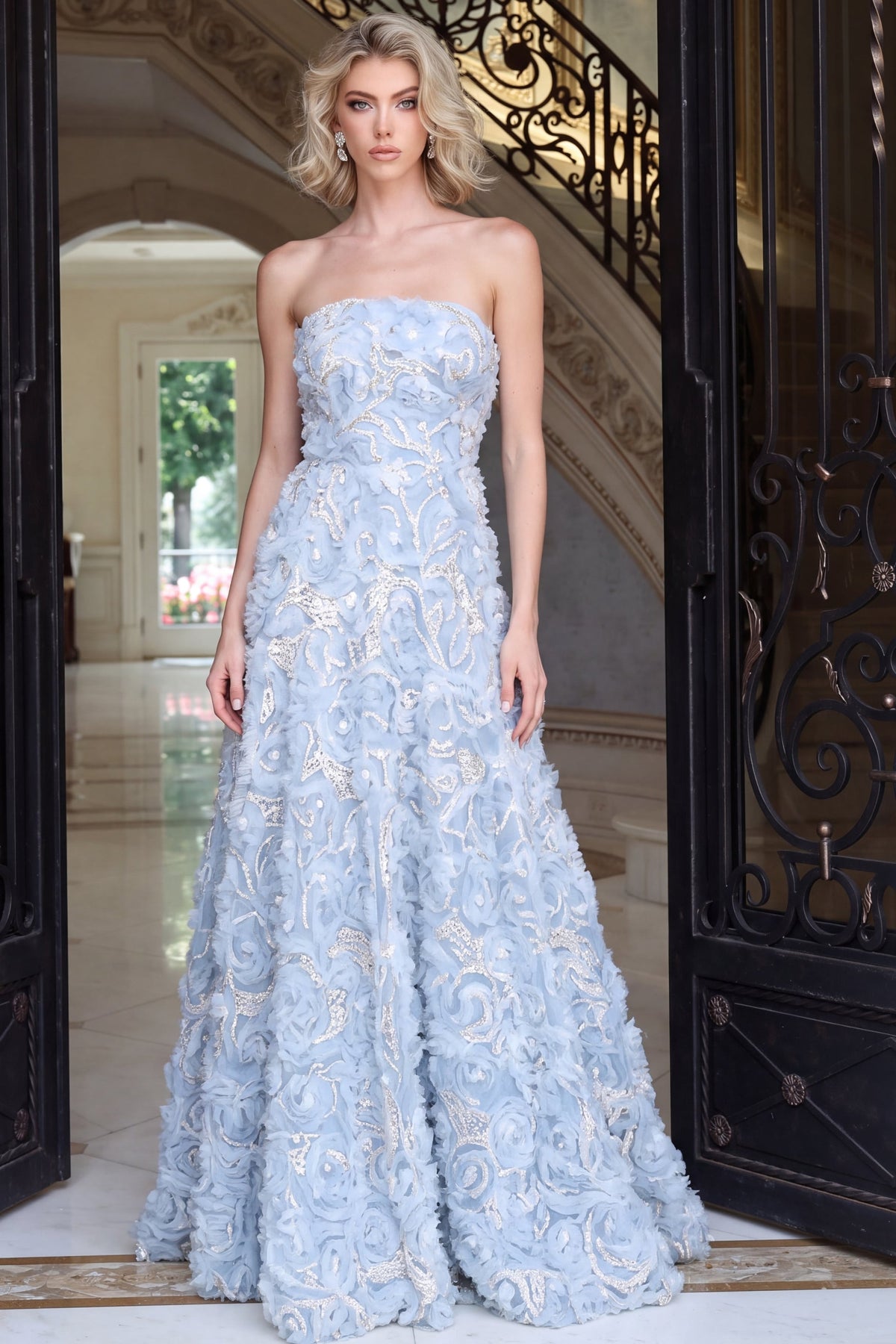 Jovani 40356 Strapless Rosette Applique Embroidered Ball Gown