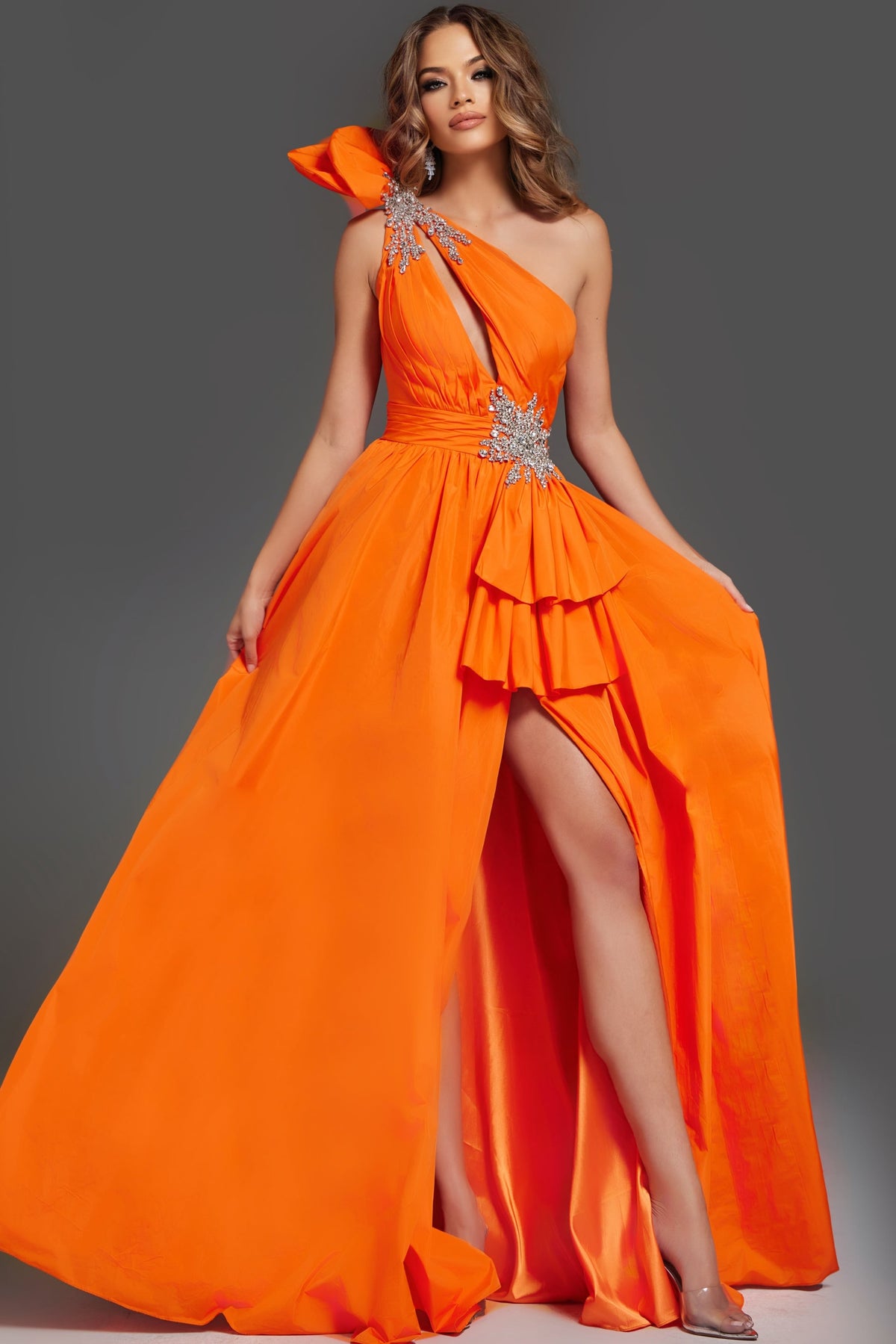 Jovani 40929 Ruffled Gown with Side Slit and Embellishment