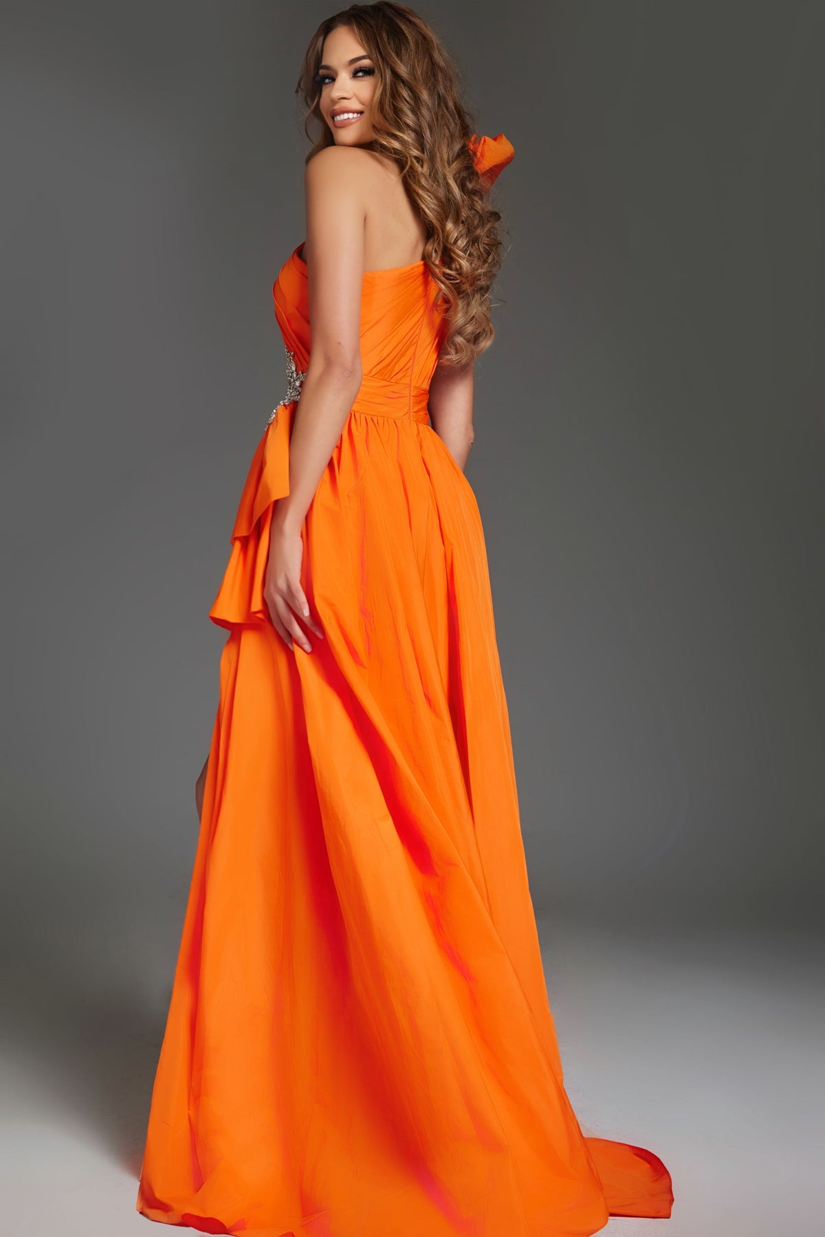 Jovani 40929 Ruffled Gown with Side Slit and Embellishment