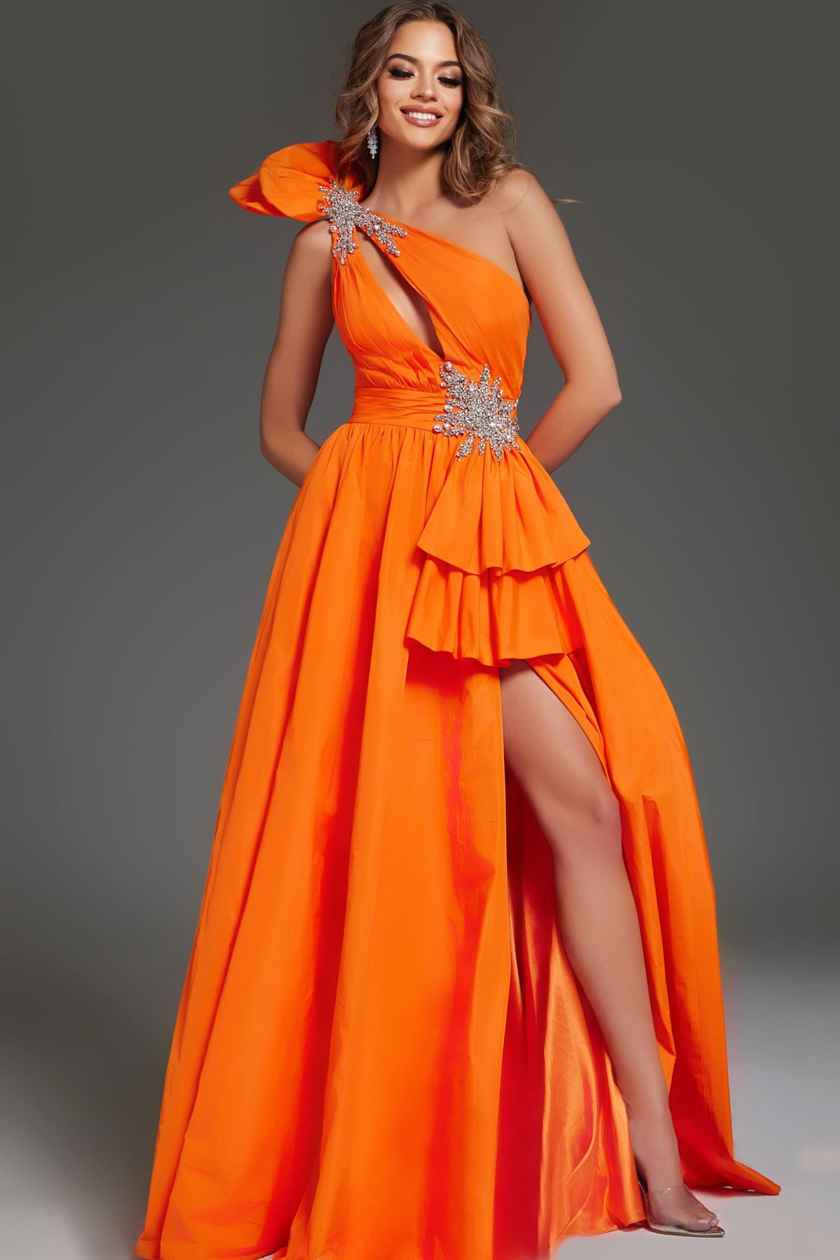 Jovani 40929 Ruffled Gown with Side Slit and Embellishment