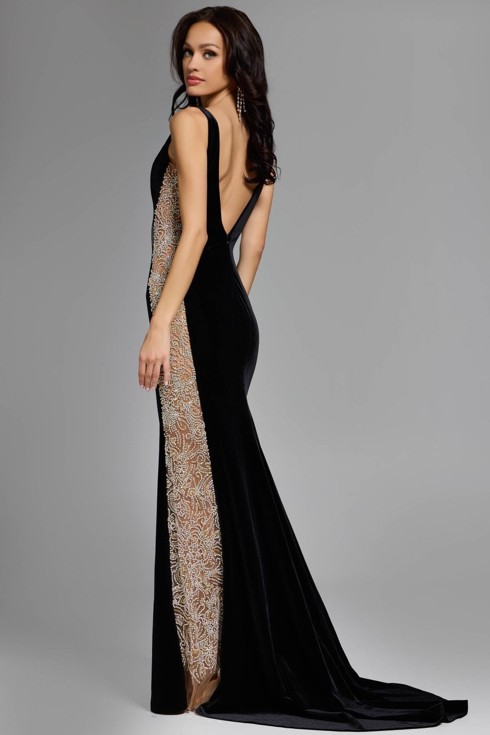 Jovani 42026 V-Neck Velvet Gown with Beaded Sides