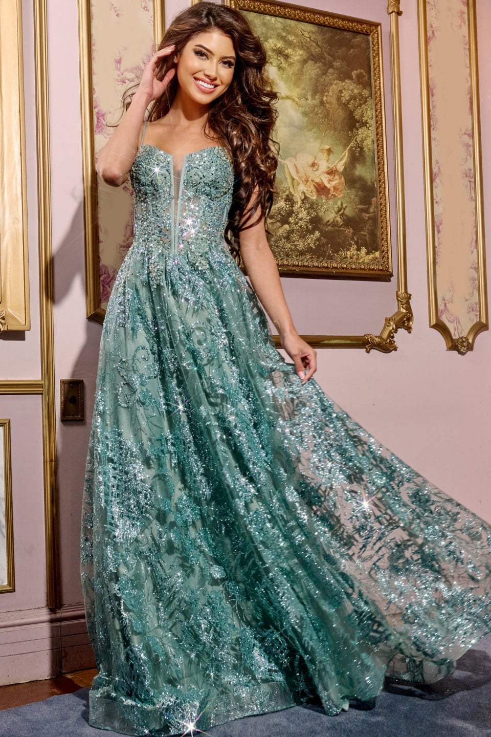 Jovani 42199 Spaghetti Strap A-Line Gown with Embellished Bodice
