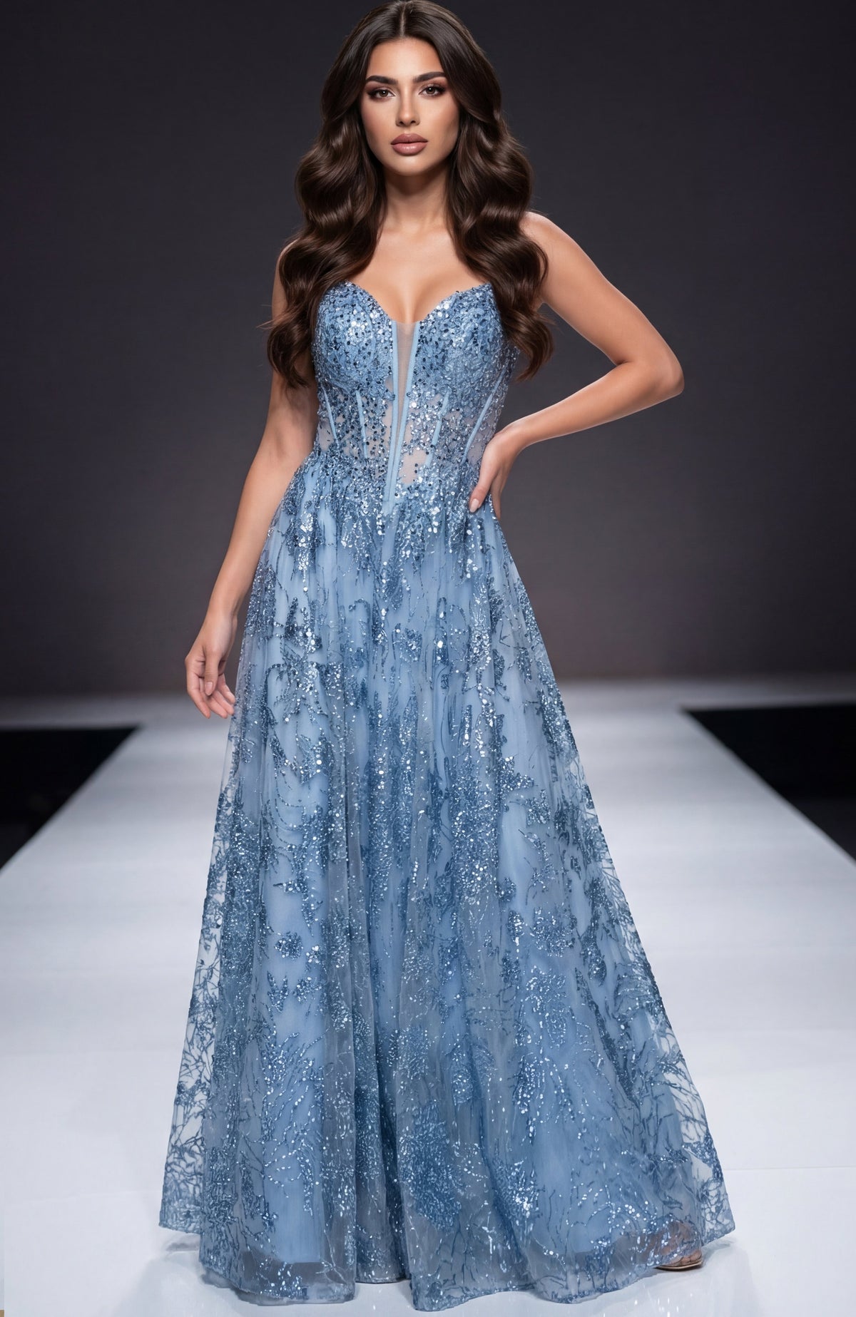 Jovani 42199 Spaghetti Strap A-Line Gown with Embellished Bodice