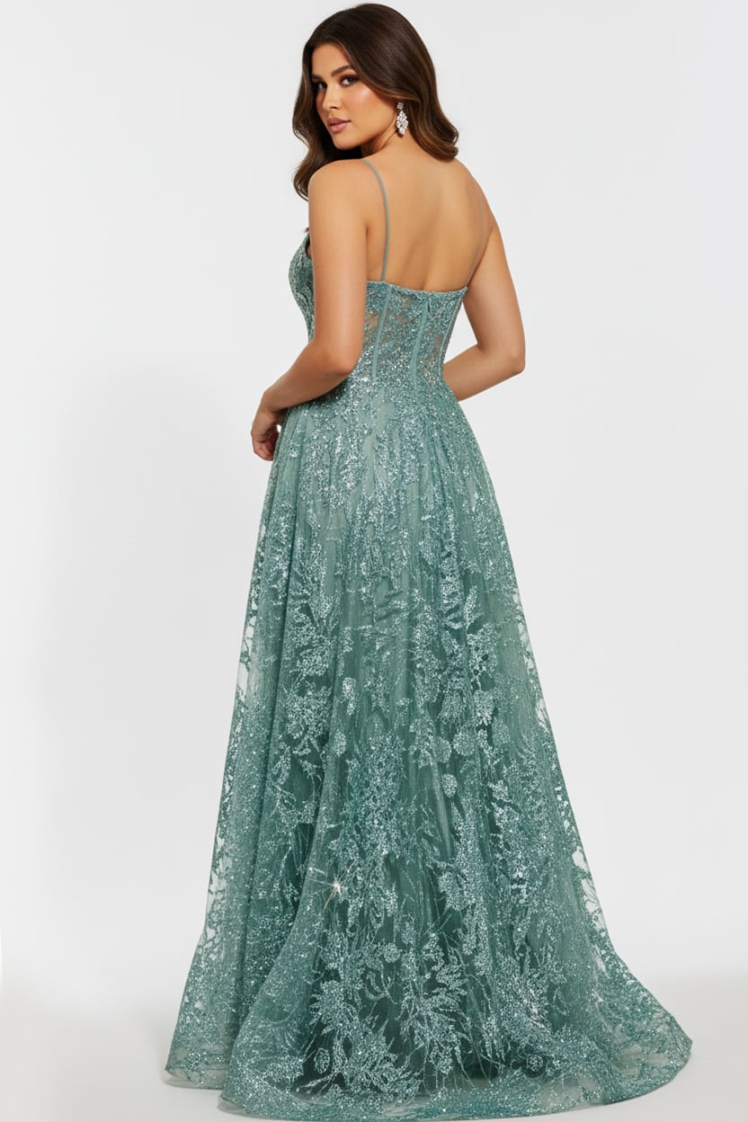Jovani 42199 Spaghetti Strap A-Line Gown with Embellished Bodice