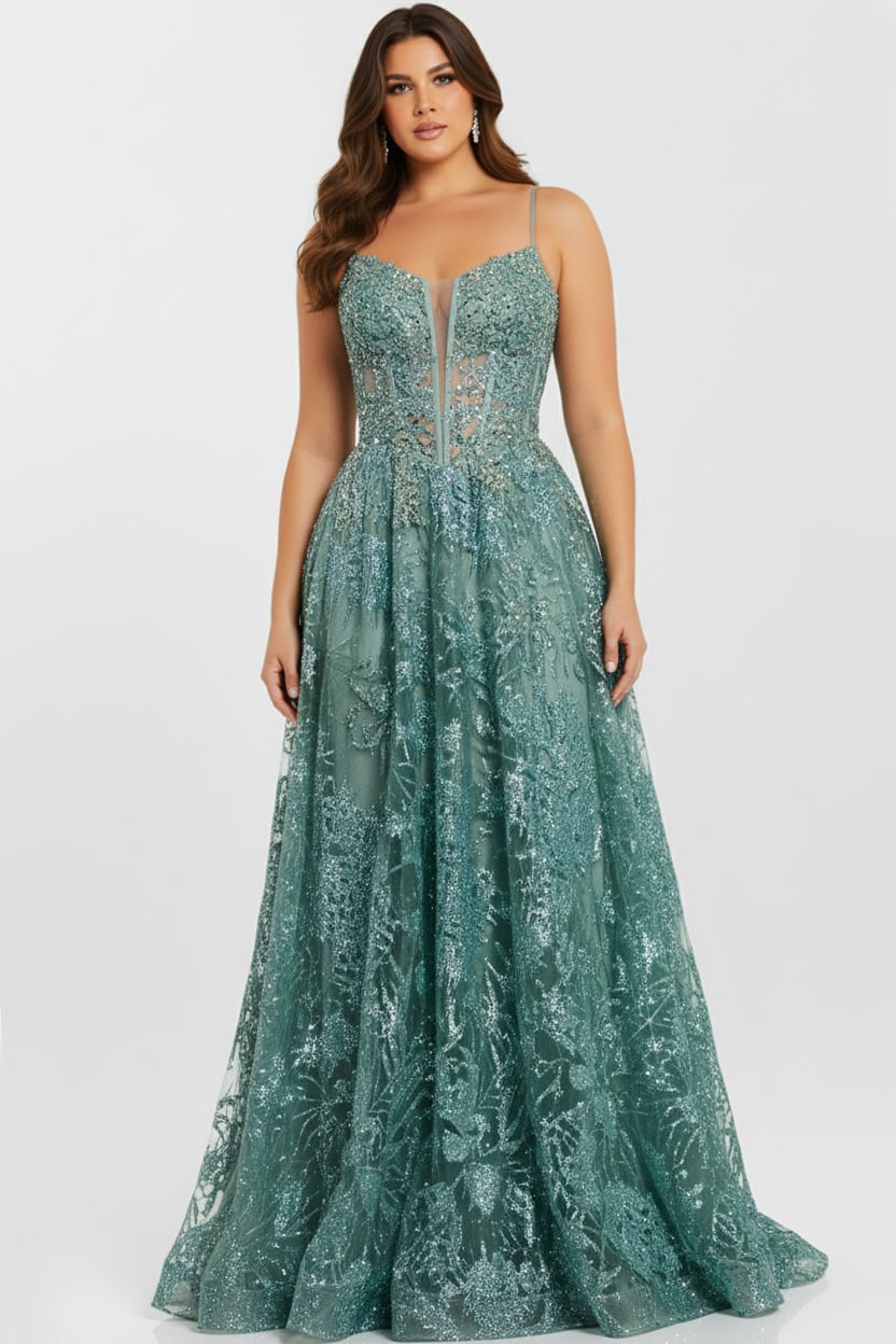 Jovani 42199 Spaghetti Strap A-Line Gown with Embellished Bodice