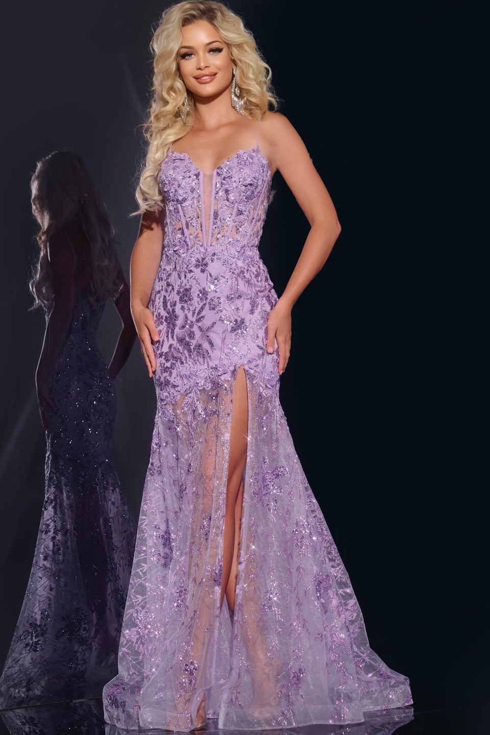 Jovani 42203 Spaghetti Strap A-Line Gown with Sequin Embellishments