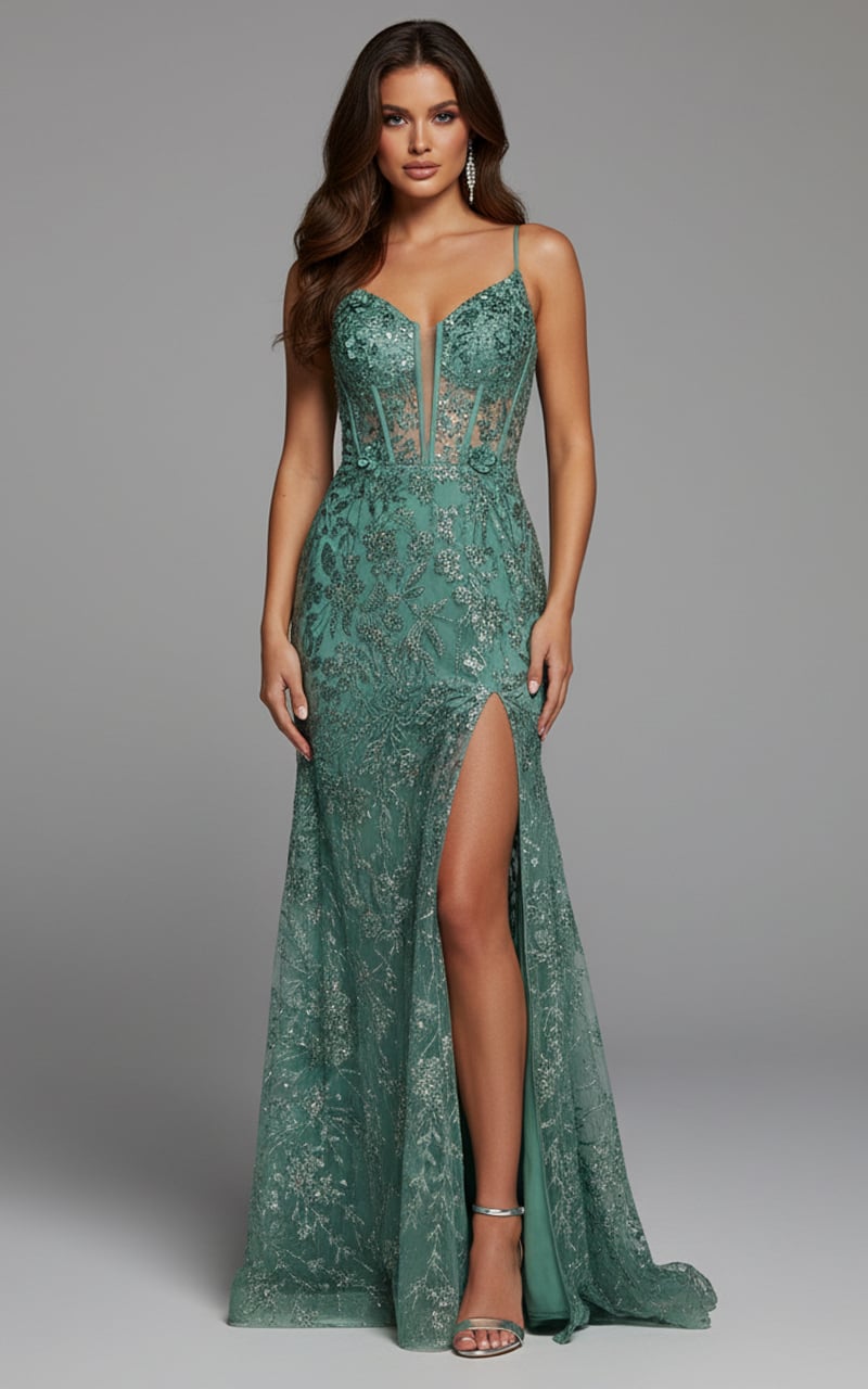 Jovani 42203 Spaghetti Strap A-Line Gown with Sequin Embellishments