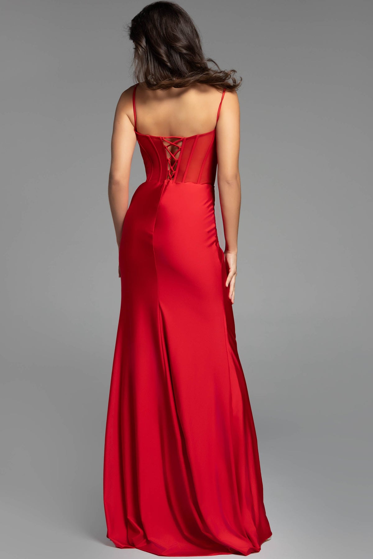Jovani 42227 Elegant Satin Gown With Floral Embroidery And Corset Back