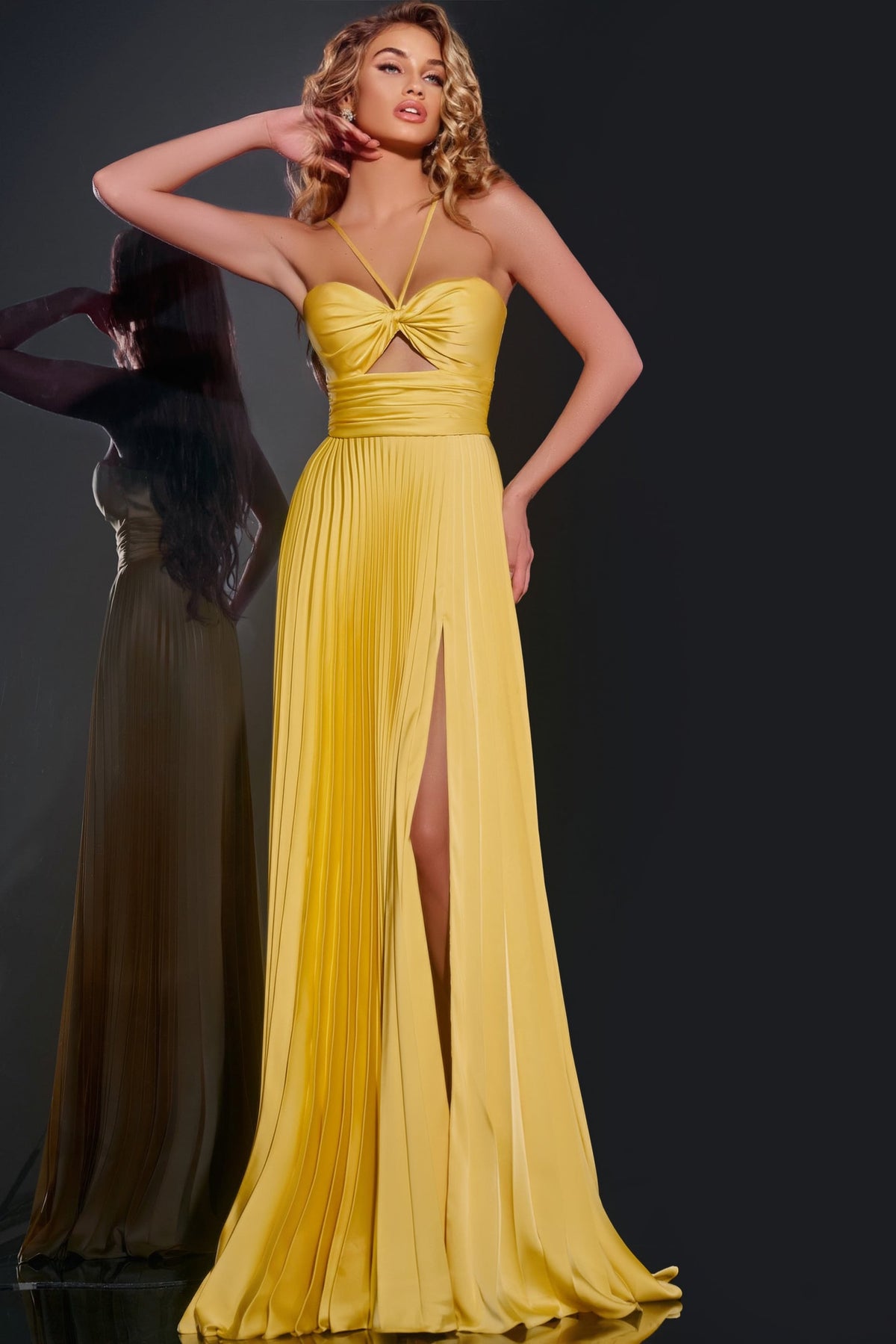 Jovani 42971 Pleated Gown with Knot Bodice and High Slit
