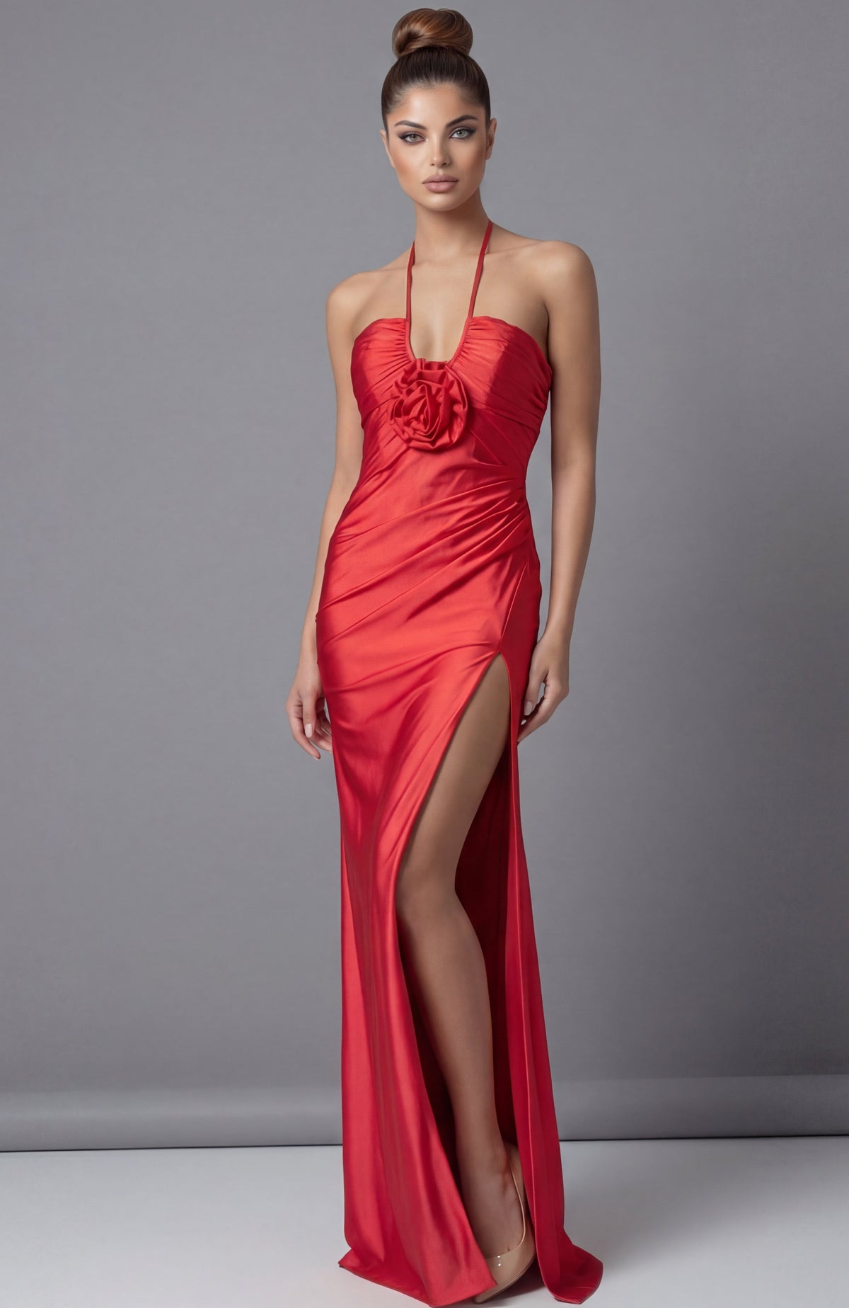 Jovani 43041 Halter Neck Draped Column Gown With Rosette Detail