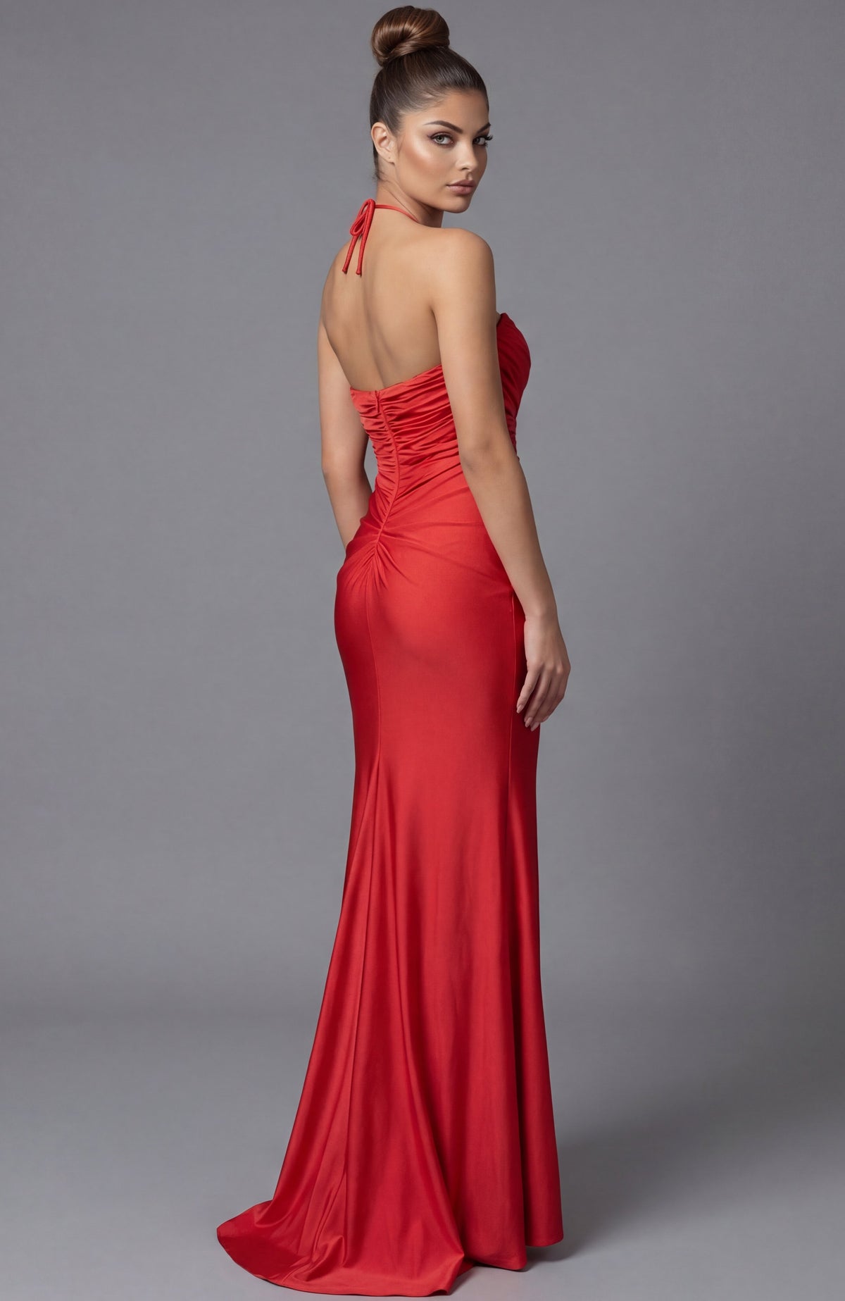 Jovani 43041 Halter Neck Draped Column Gown With Rosette Detail