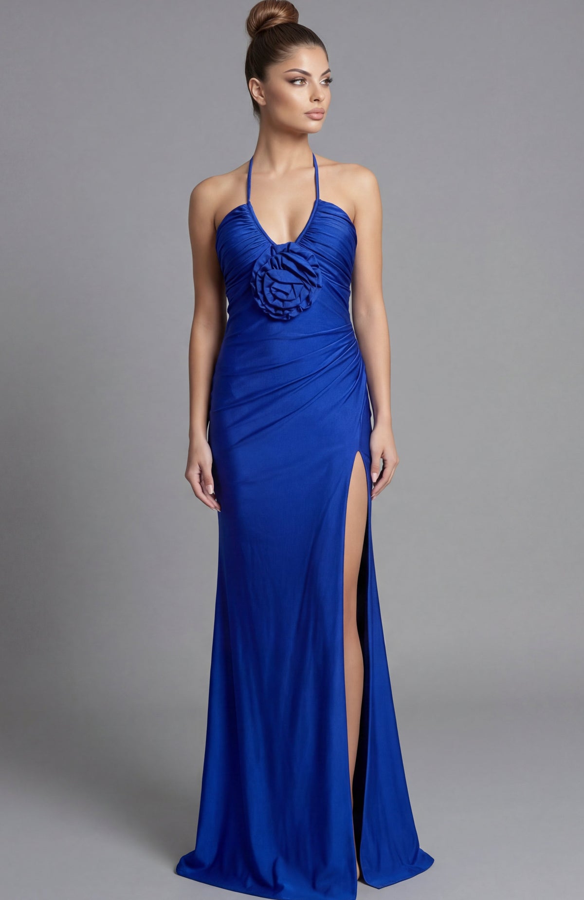 Jovani 43041 Halter Neck Draped Column Gown With Rosette Detail