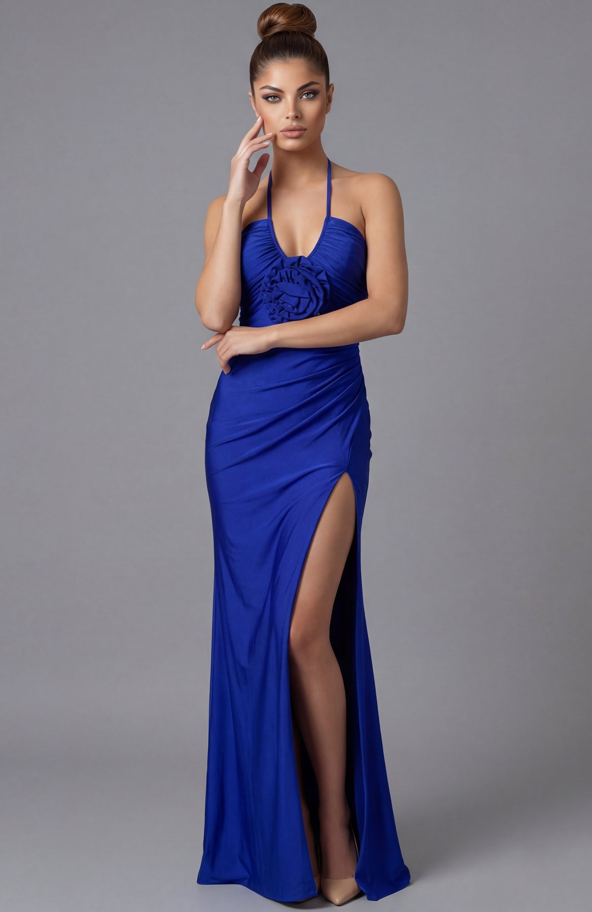 Jovani 43041 Halter Neck Draped Column Gown With Rosette Detail