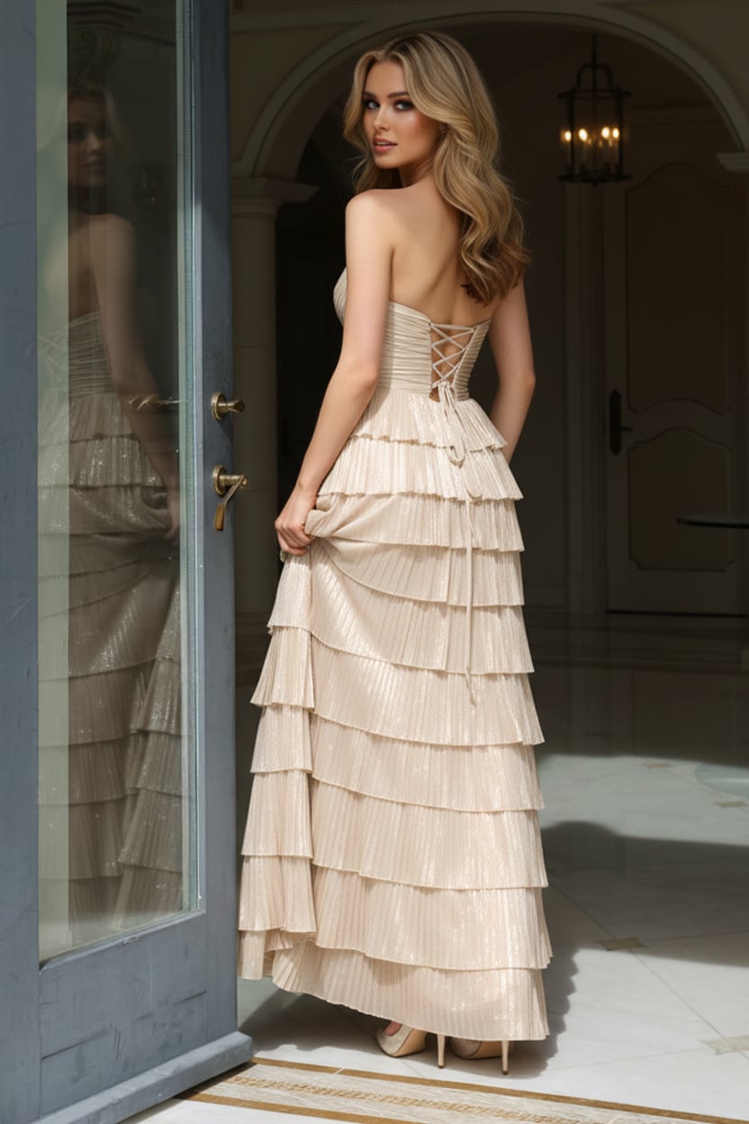 Jovani 43161 Strapless Tiered Evening Gown With Side Slit