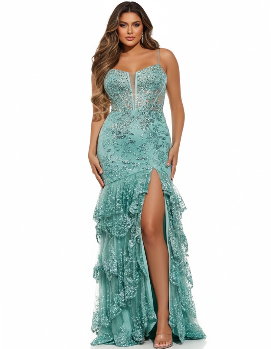 Jovani 43171 Spaghetti Strap Gown with Beaded Bodice and High Slit