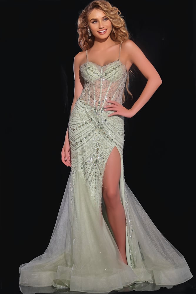 Jovani 43189 Sheer Corset Bodice Gown with High Slit and Beaded Detailing