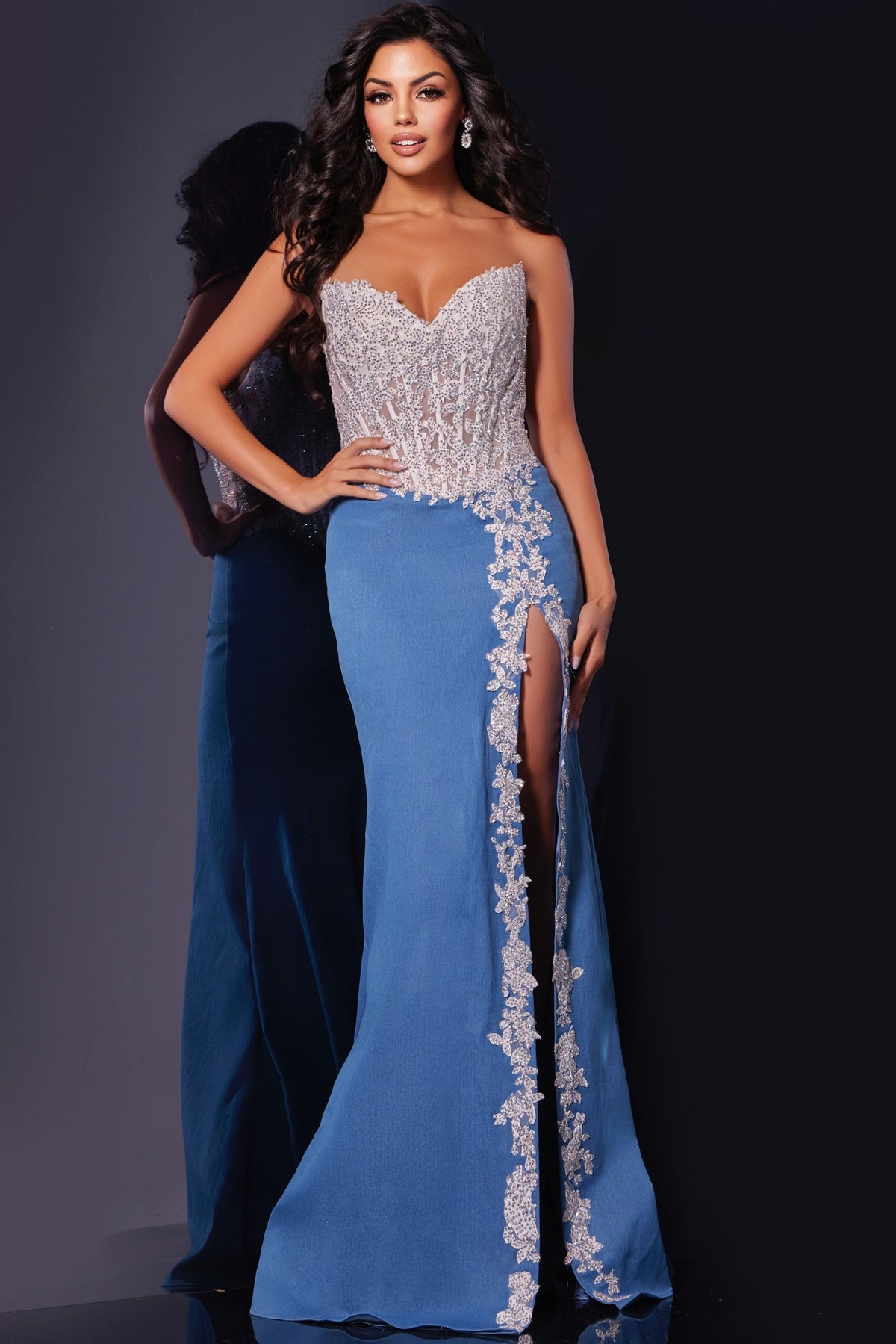Jovani 43341 Strapless Denim Gown with Corset Bodice and Floral Embellished Slit