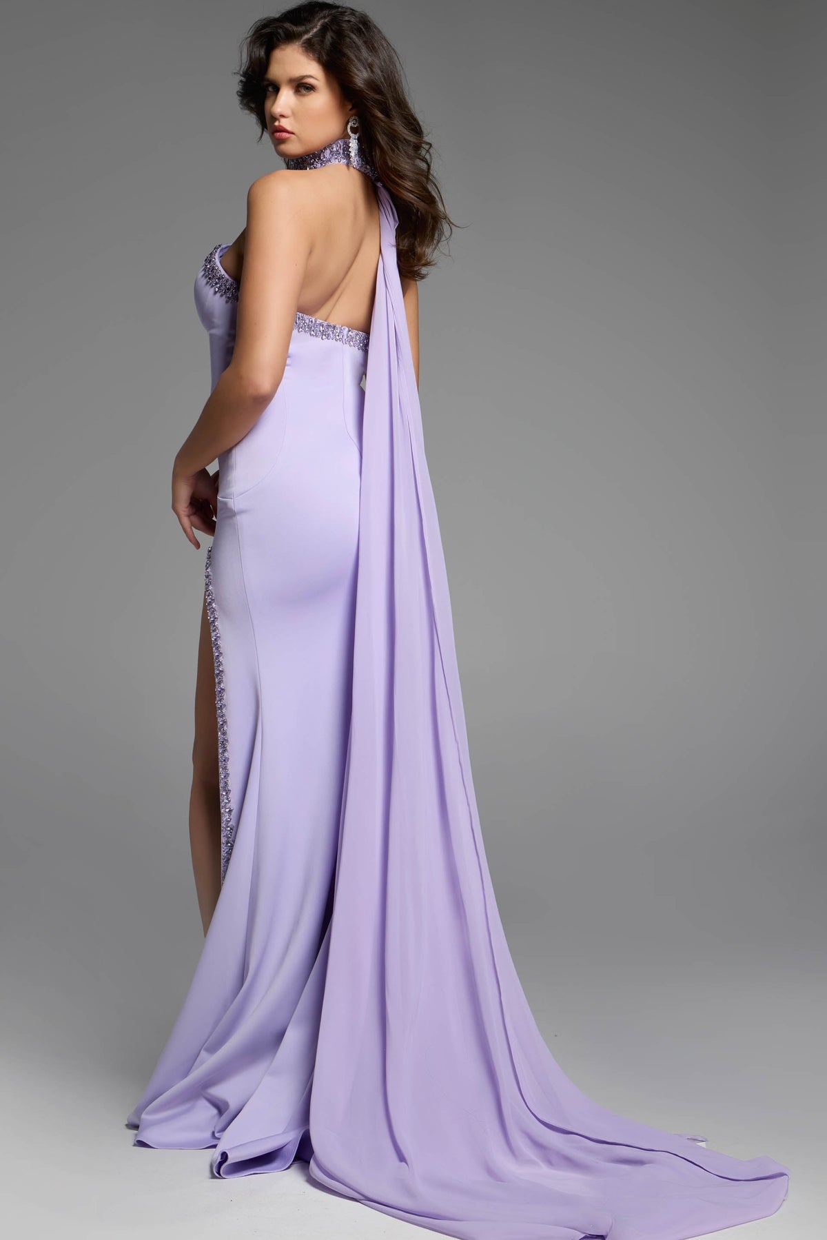 Jovani 43658 Halter Neck Gown with Embellished High Slit