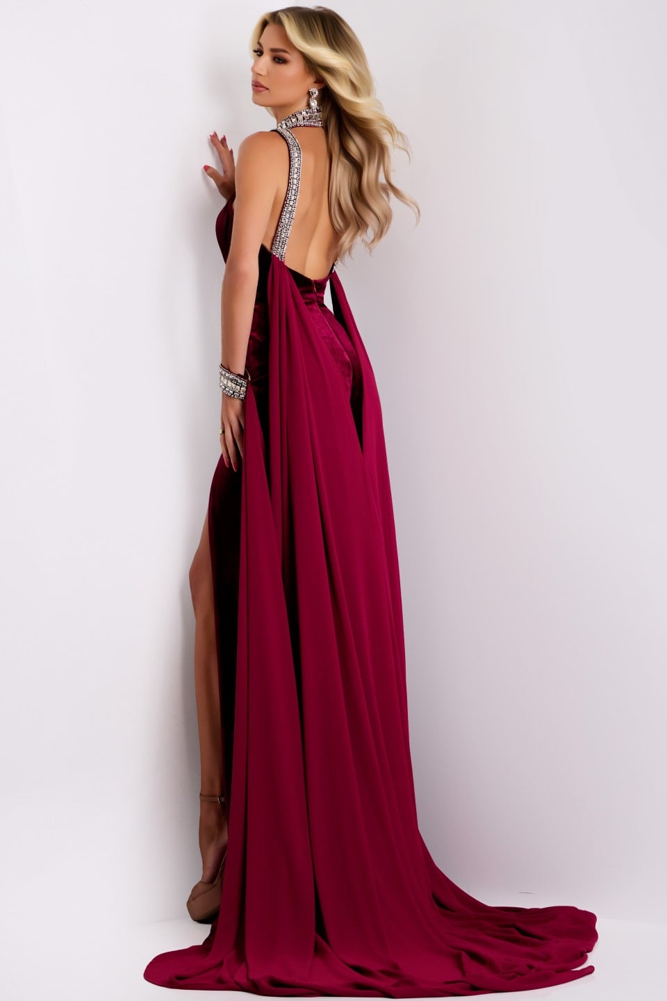 Jovani 43699 Halter Velvet Gown with Bejeweled Collar and Drape