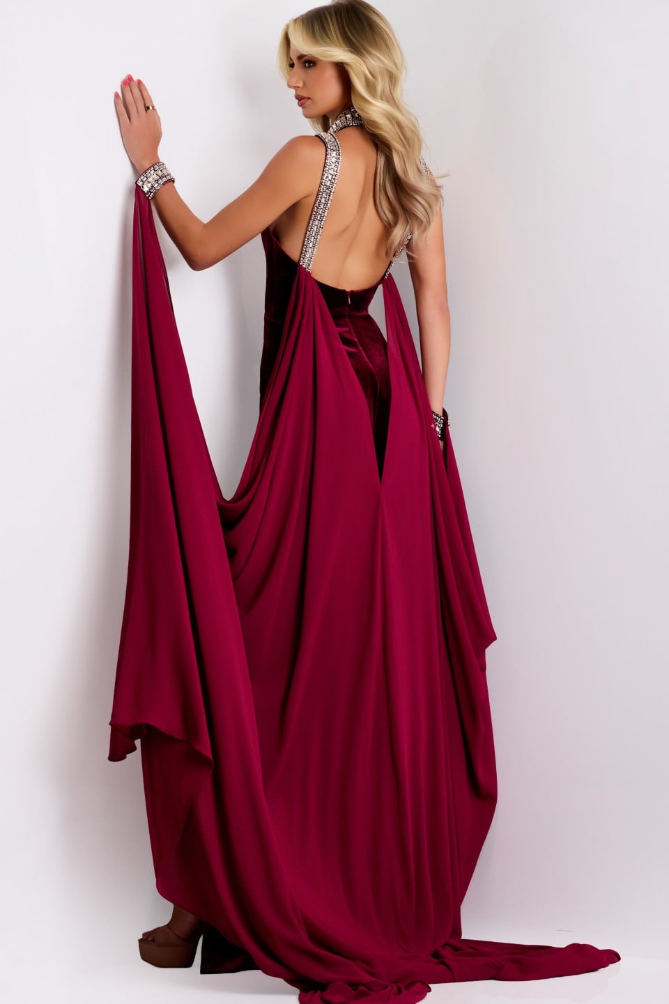 Jovani 43699 Halter Velvet Gown with Bejeweled Collar and Drape