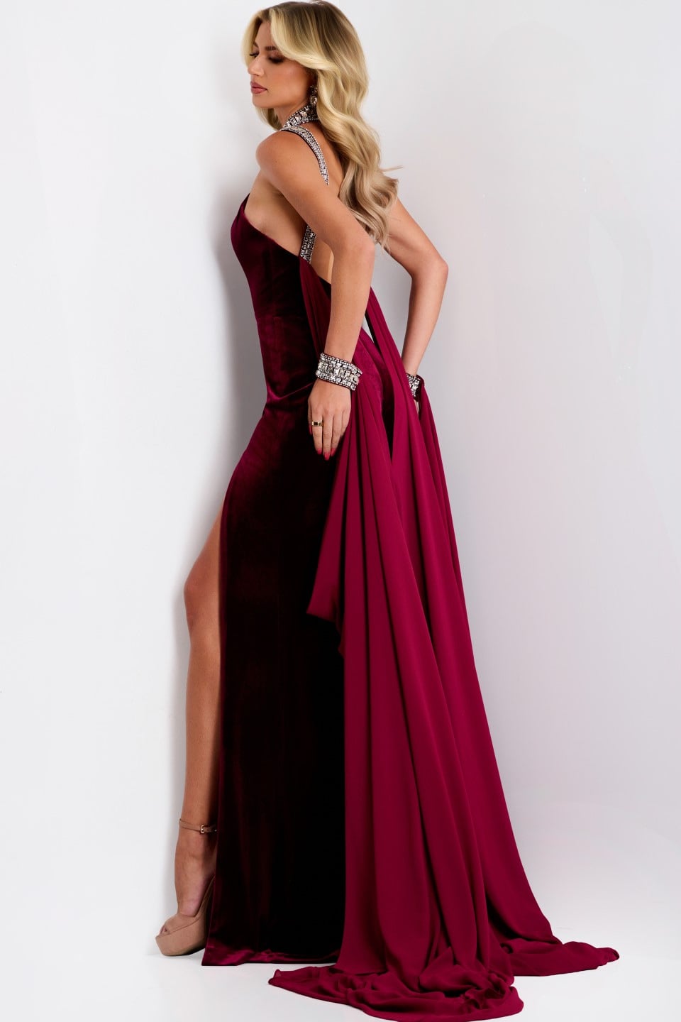 Jovani 43699 Halter Velvet Gown with Bejeweled Collar and Drape
