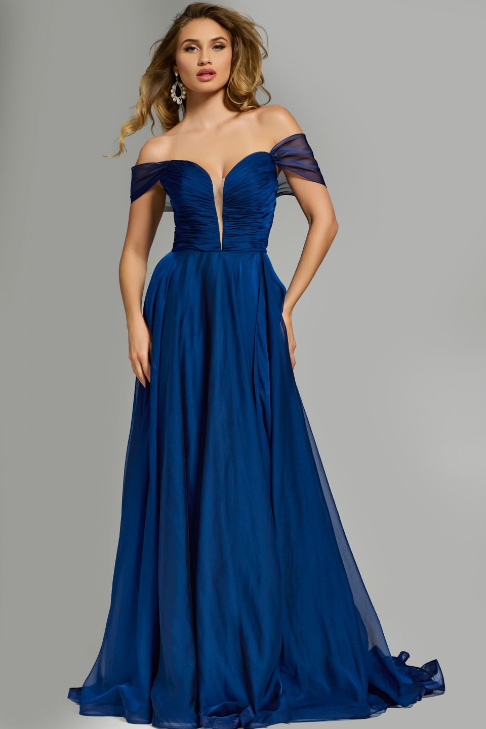 Jovani 43842 Off the Shoulder Gown with Cut-Out Lace Up Back