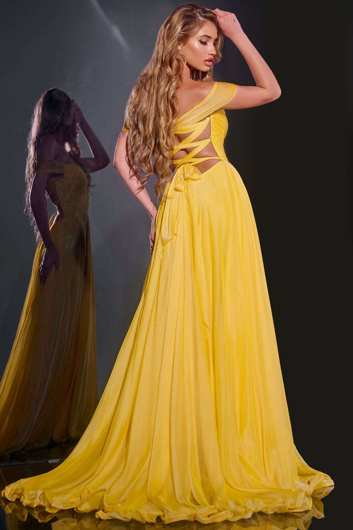 Jovani 43842 Off the Shoulder Gown with Cut-Out Lace Up Back