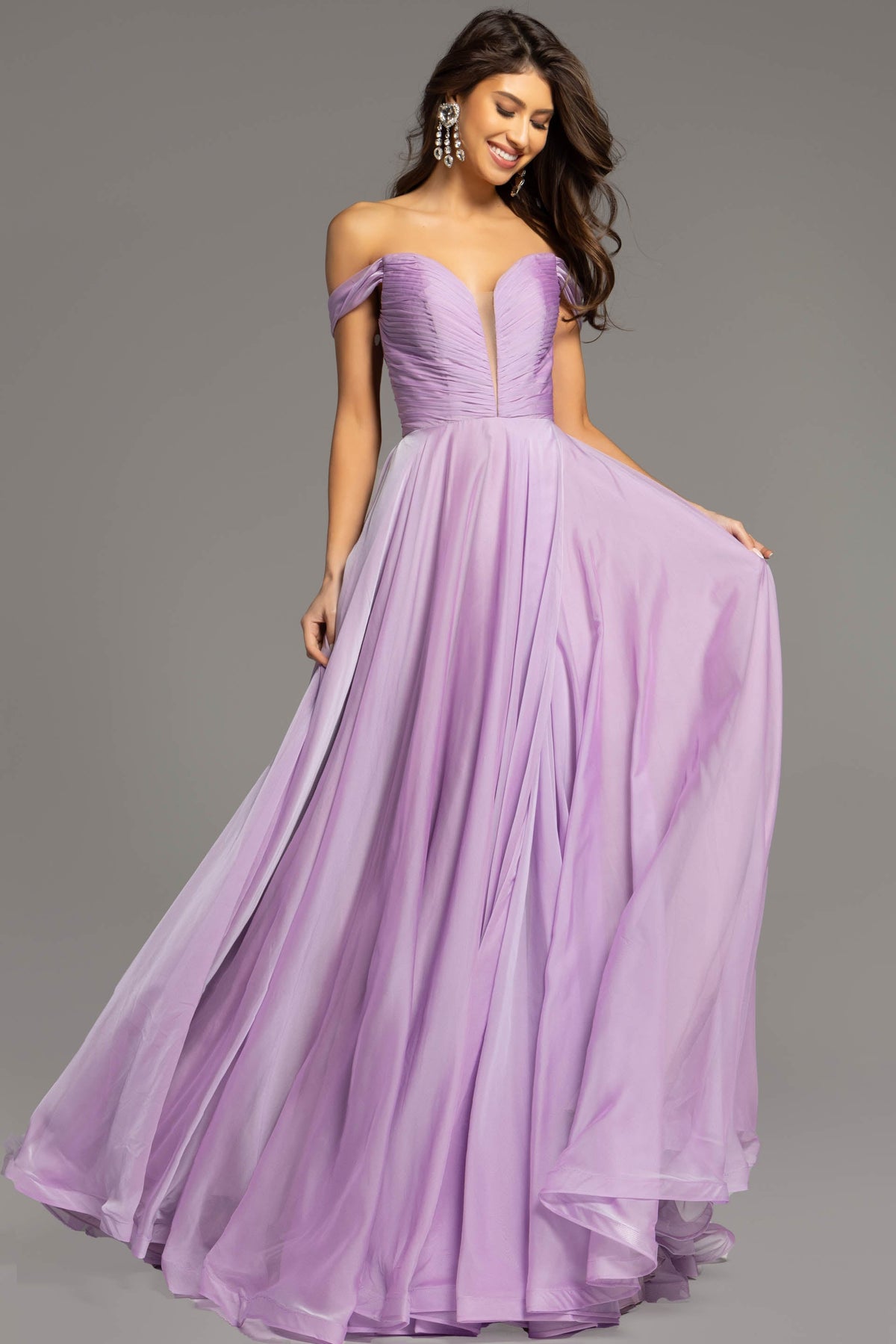 Jovani 43842 Off the Shoulder Gown with Cut-Out Lace Up Back
