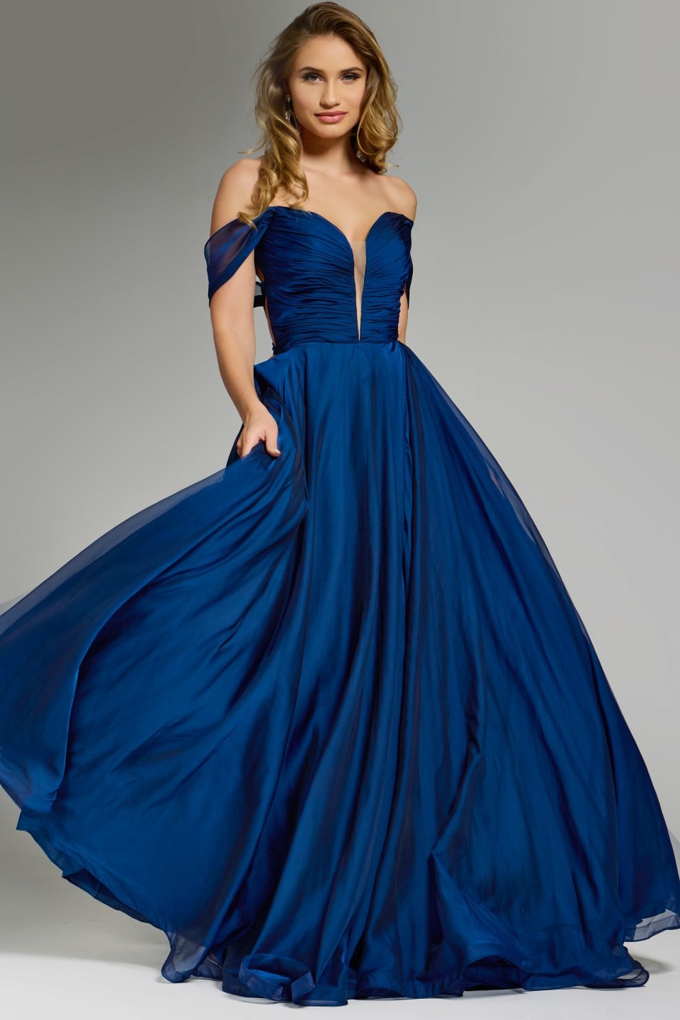 Jovani 43842 Off the Shoulder Gown with Cut-Out Lace Up Back