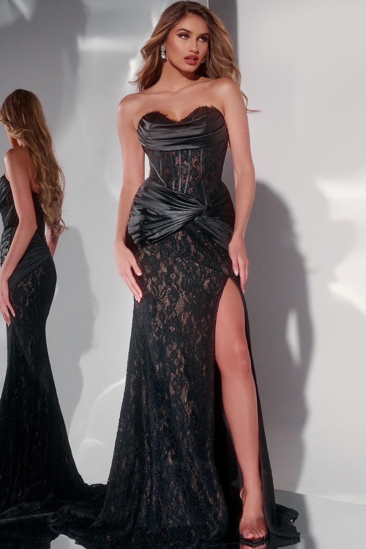 Jovani 43859 Strapless Black Lace Evening Gown with Ruched Satin Accent