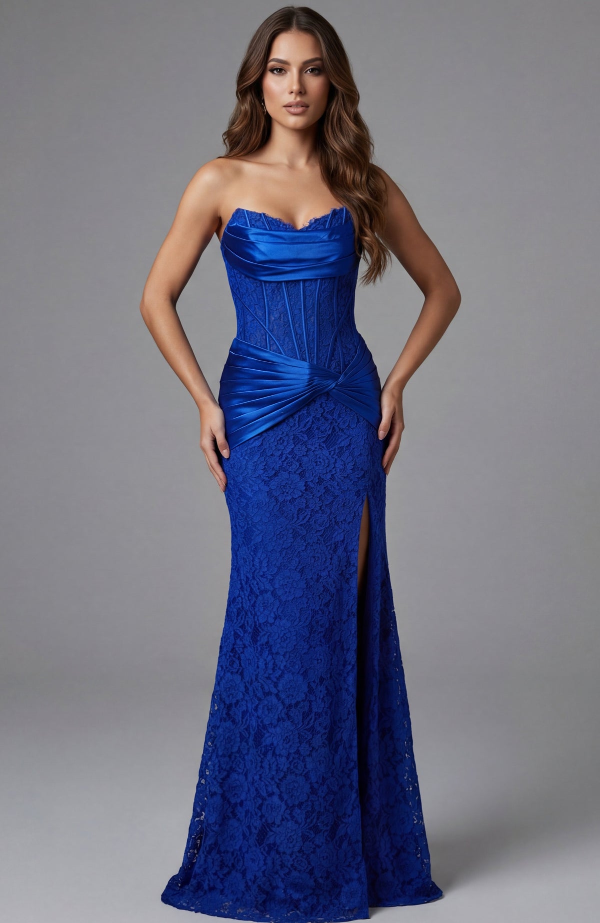 Jovani 43859 Strapless Black Lace Evening Gown with Ruched Satin Accent