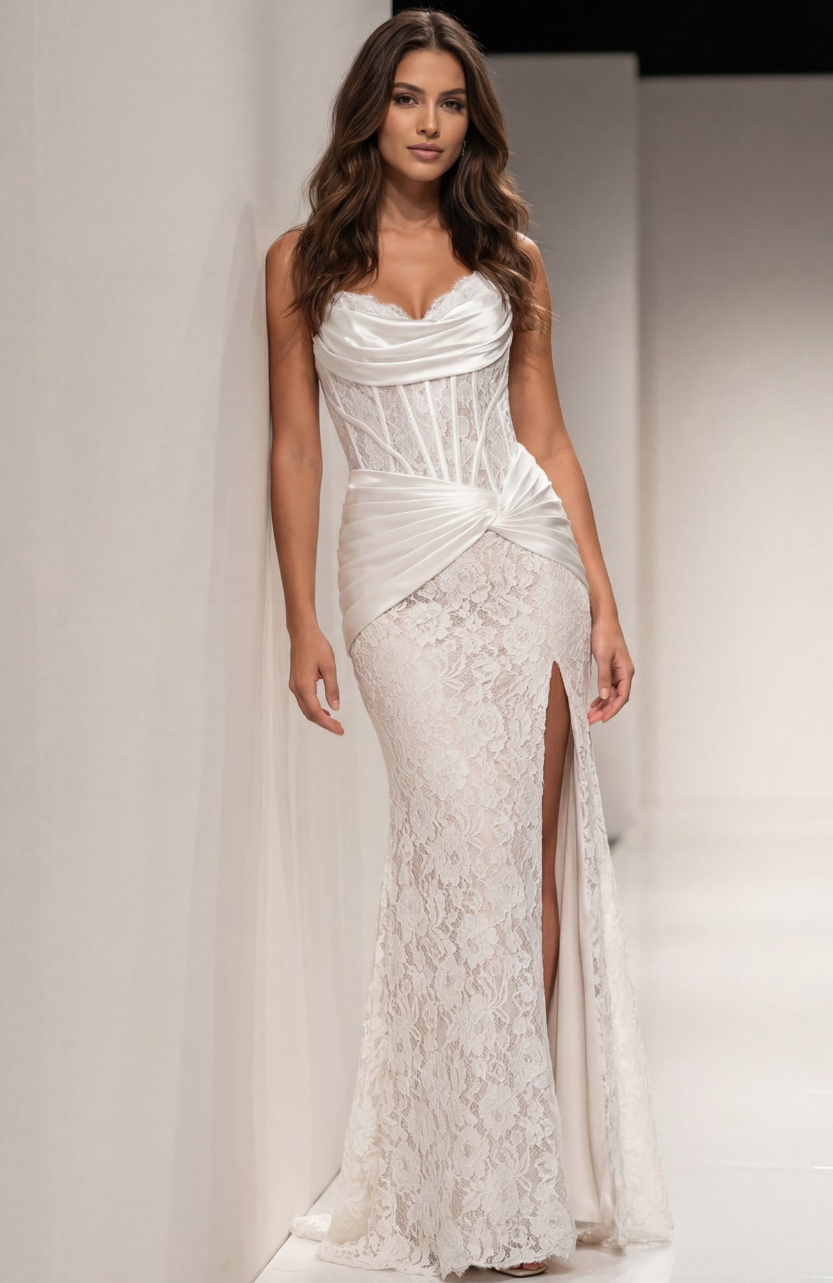 Jovani 43859 Strapless Black Lace Evening Gown with Ruched Satin Accent