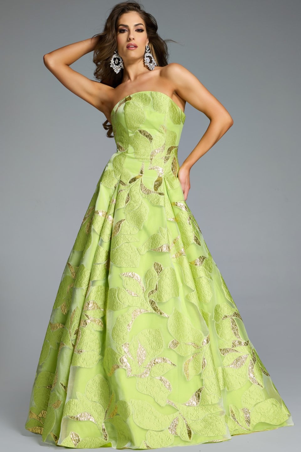 Jovani 44369 Strapless A-Line Gown with Textured Floral Motif