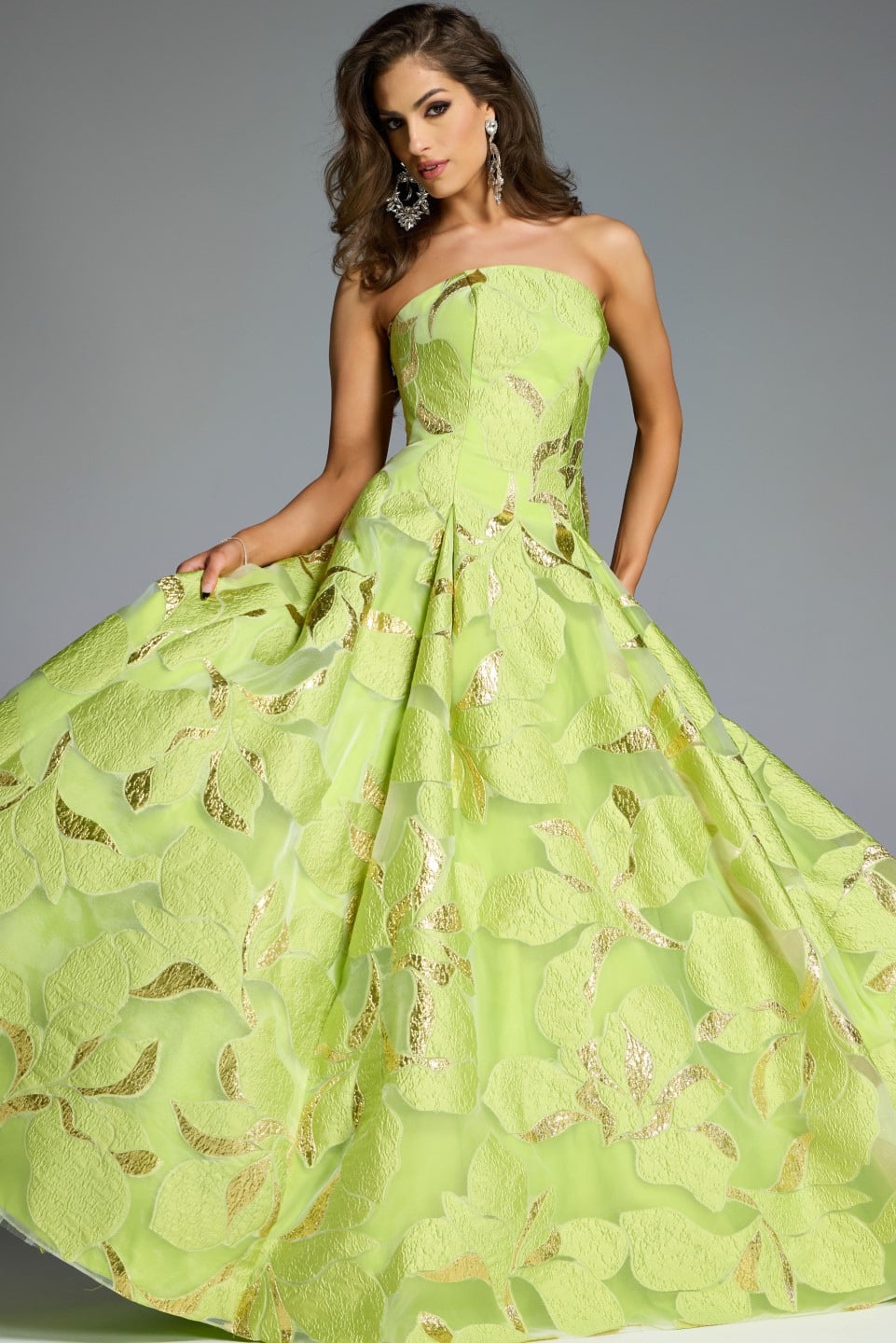 Jovani 44369 Strapless A-Line Gown with Textured Floral Motif