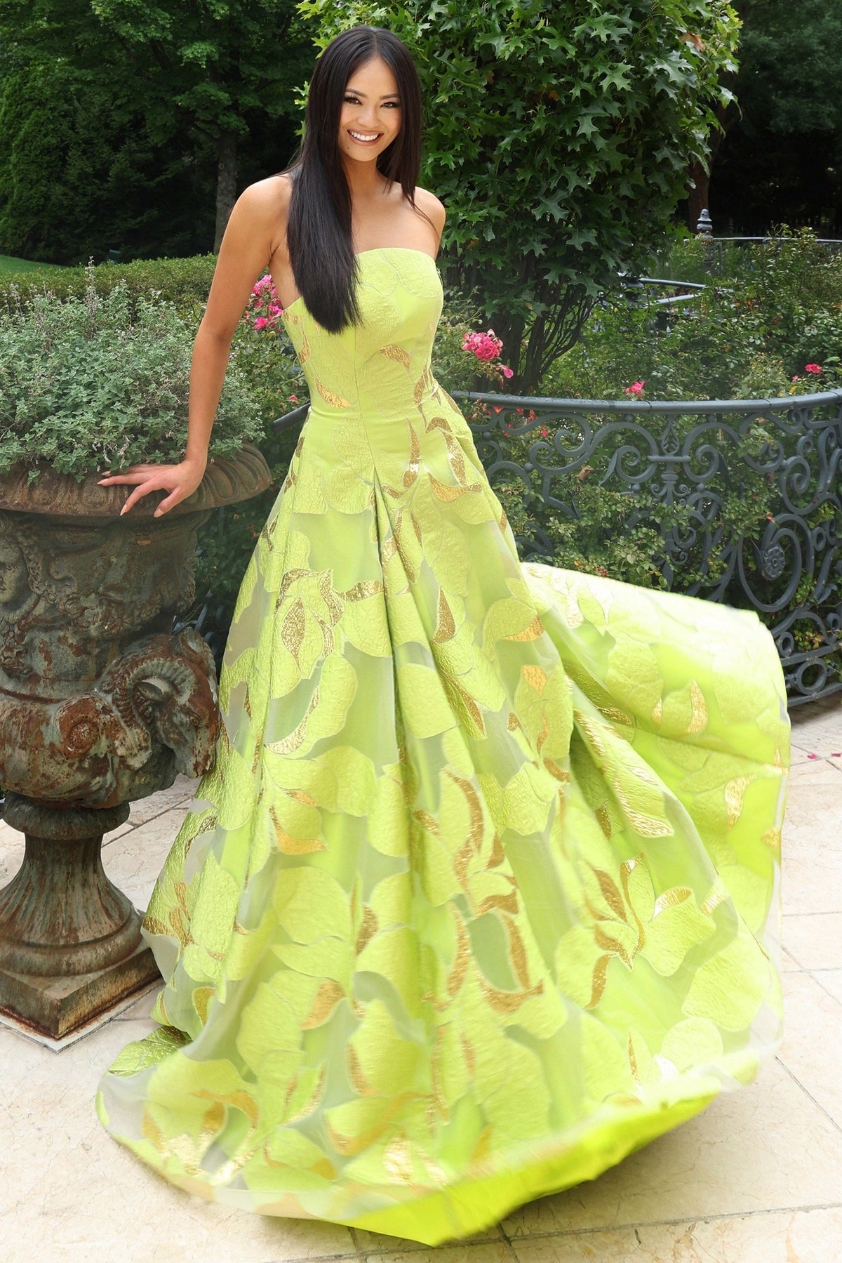 Jovani 44369 Strapless A-Line Gown with Textured Floral Motif